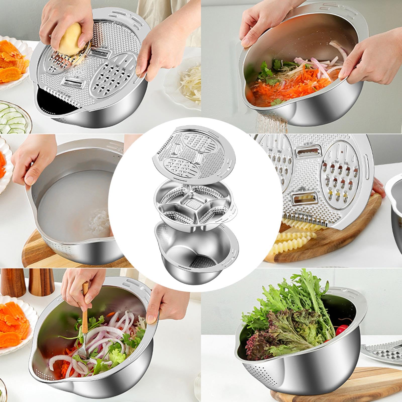 Colador Multifuncional, Juego de para Arroz, Rallador de Acero Inoxidable, Cesta para Verduras, Recipiente para Lavar Alimentos, Resistente a, Acero Inoxidable 201, tal como se describe