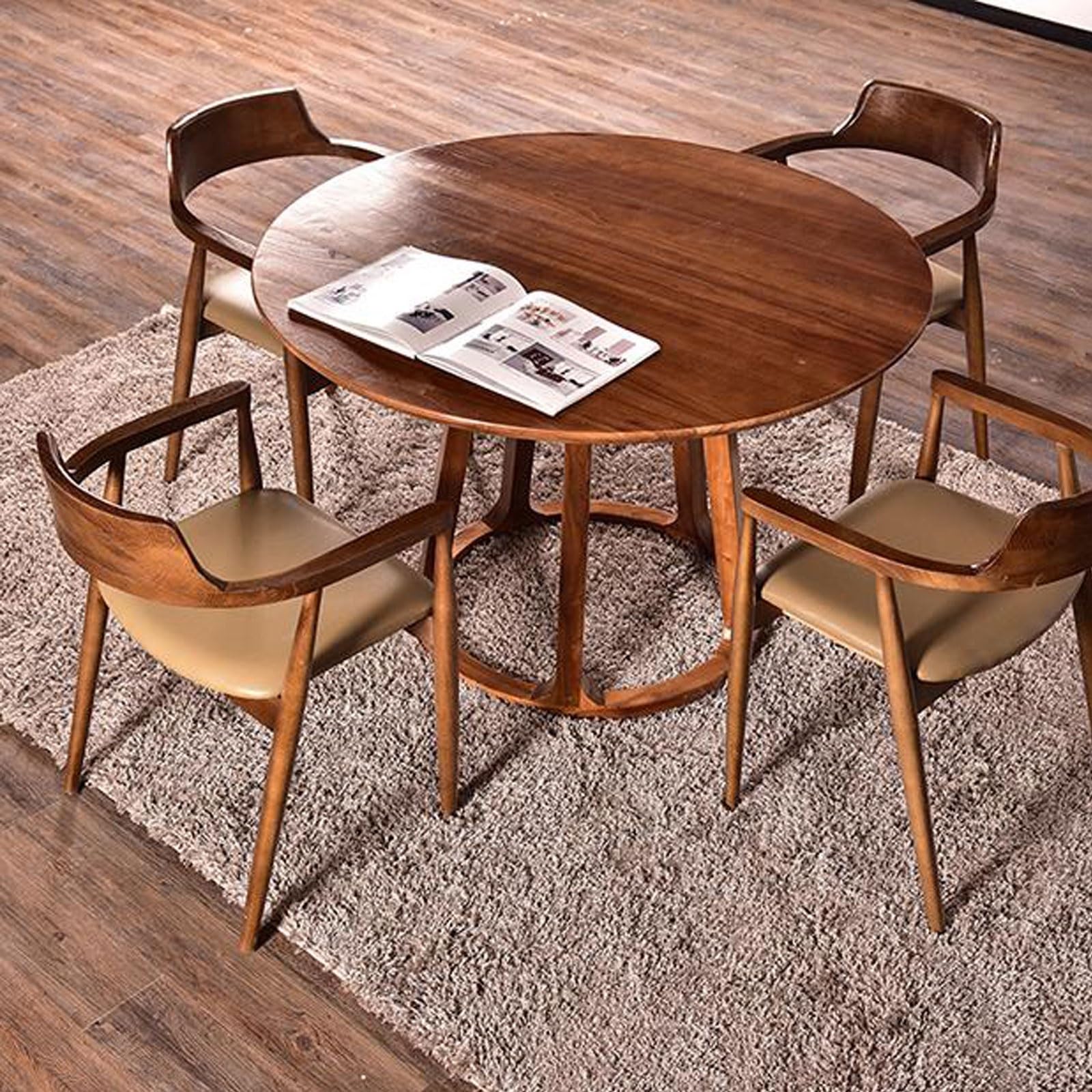 Amazon｜ラウンドパイン無垢材ダイニングテーブル、木製台座ベース付き