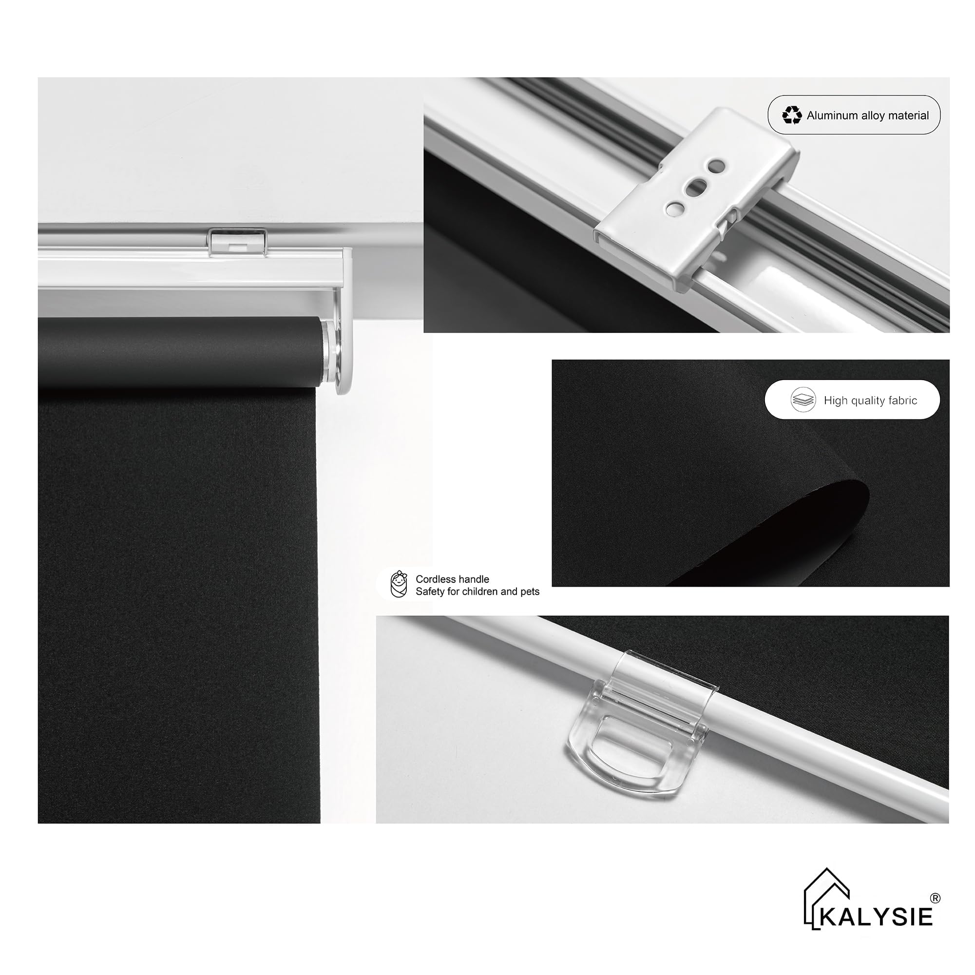 Cordless Roller Shades 100% Blackout Blinds for Windows and Doors, Pull Down Room Darkening Window Shades, Easy to Install for Home and Office, Black, Fixed 75 Inches High, 20 Inches Width