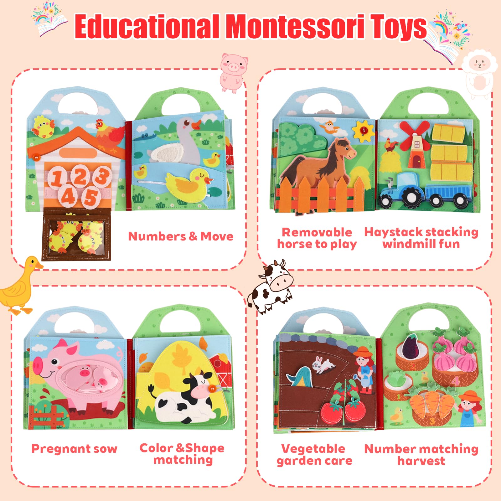 PAPAcroscoma 2026 New Models Busy Board for Toddlers: 3D Portable Felt Animal Farm Montessori Toy Busy Book for 1 2 3 4 Year Old Boy Girl Gifts Sensory Travel Educational Toy (Red) - Image 3