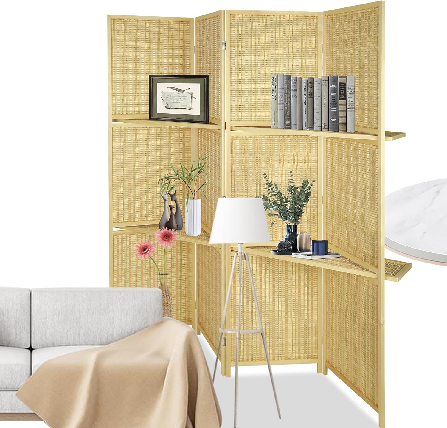 ECOMEX 4 Panel Room Divider with Shelves, 5.9Ft Tall Folding Partition Room Divider Wall Privacy Screen Room Dividers Room Divider with 2 Removable Storage Shelves,Wood Color