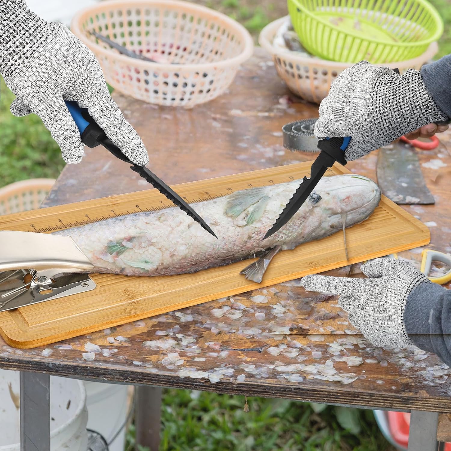 6 Pcs Fish Cleaning Kit Include Cutting Board Fish Fillet Boards with Clamp 2 Knife Cut Resistant Gloves Scale with Built in Measuring Tape Sharpening Rod (Classic)