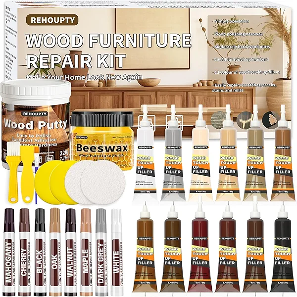 REHOUPTY Wood Furniture Repair Kit, All-in-One Laminate Floor Repair Kit - Wood Putty, 12 Colors Wood Filler & 8 Colors Furniture Markers and Beeswax, Wood Repair for Scratch Cracks Hole Discoloration