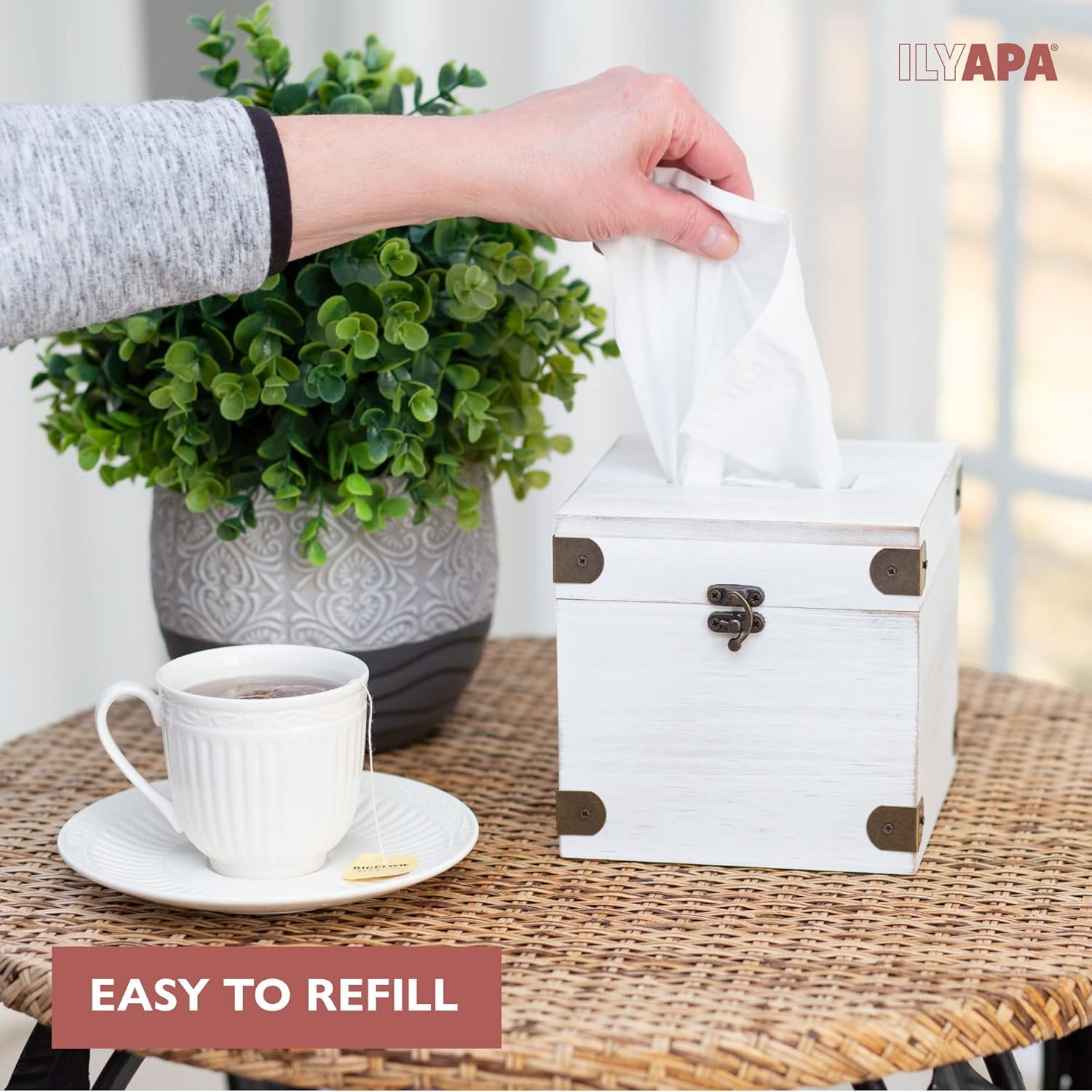 Ilyapa 5 x 6 Rustic Tissue Box Holder - Hinged Lid Tissue Dispenser for Bathroom Living Room Bedroom - White Weathered Wood