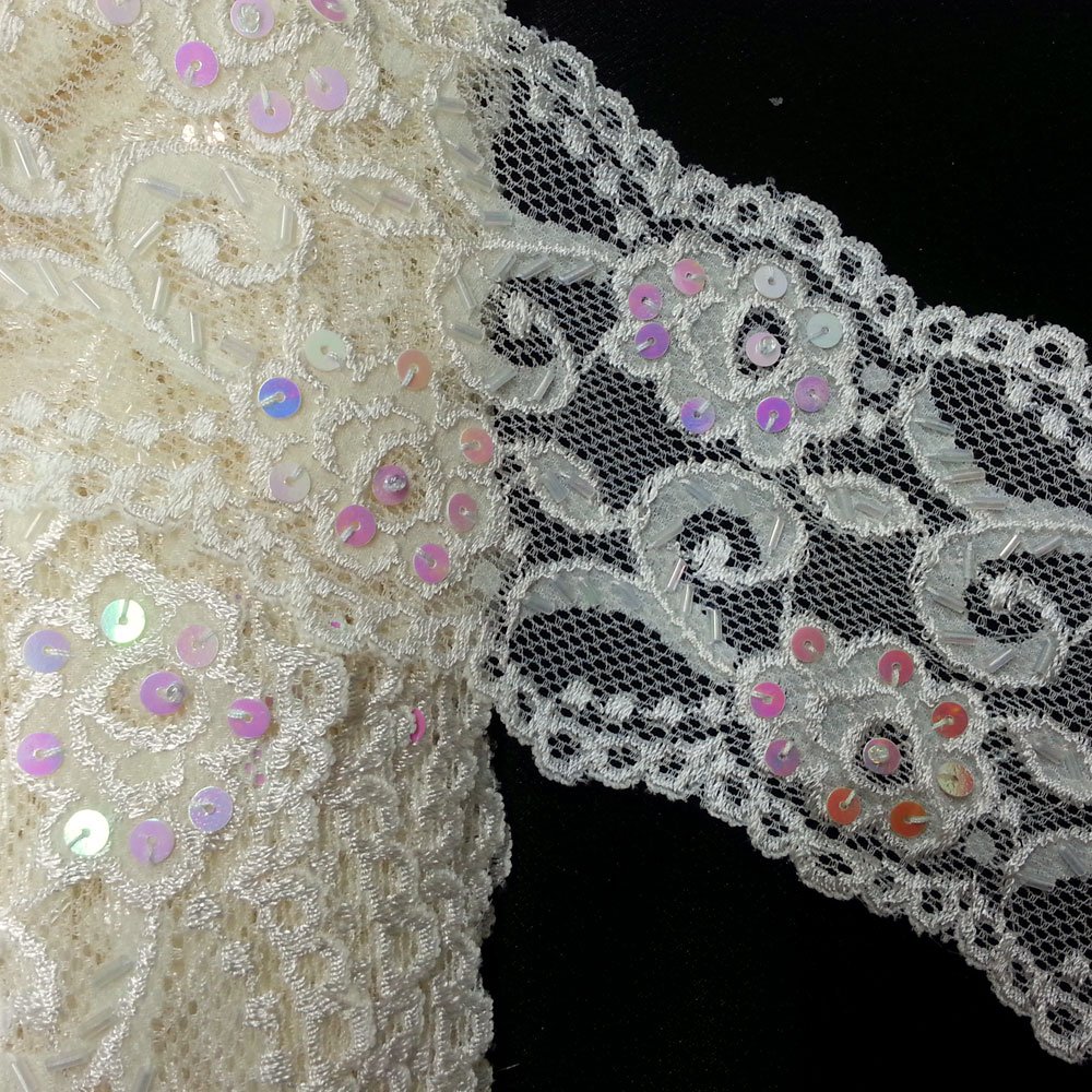 Beaded Sequin Stretched IVORY Lace Trim, 3-3/4 Inch by 1 Yard, SEE-SL-0323-BD