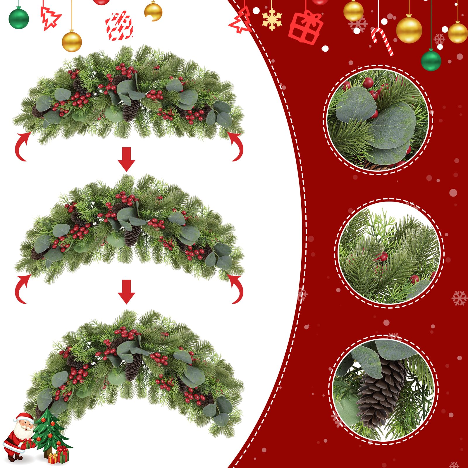 2 Pack 45" Christmas Swag For Front Door LED Poinsettia Artificial Garland Decoration Pine Berries Indoor Outdoor Window Wall Fireplace Mantle Xmas Home H