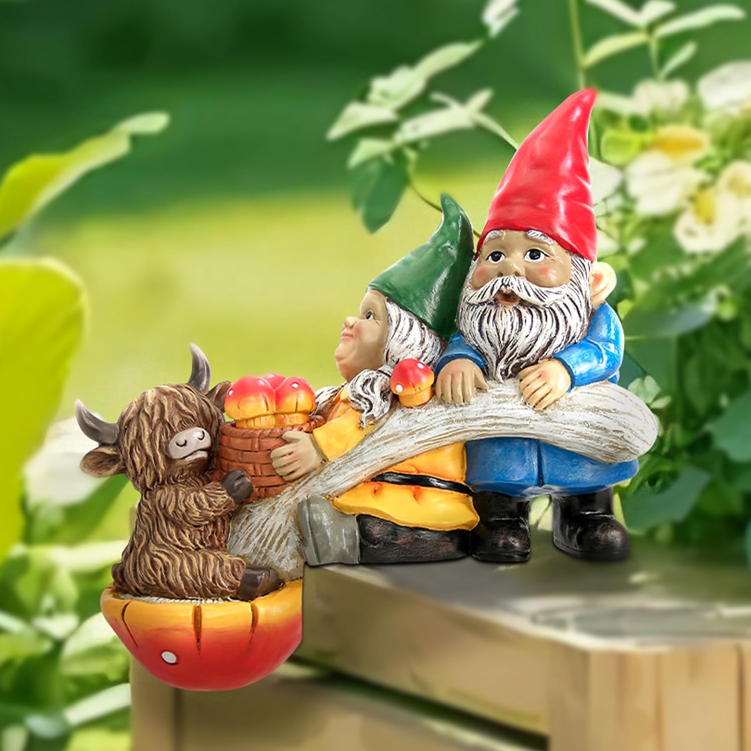 Garden Gnomes and Highland Cow Statue with Mushroom Solar Light, Couple Gnome Figurine for Outdoor Patio Lawn Porch Yard Edge Shelf Sitter Decoration, Garden Knome Holiday Indoor Decor, Love Gift - Image 2