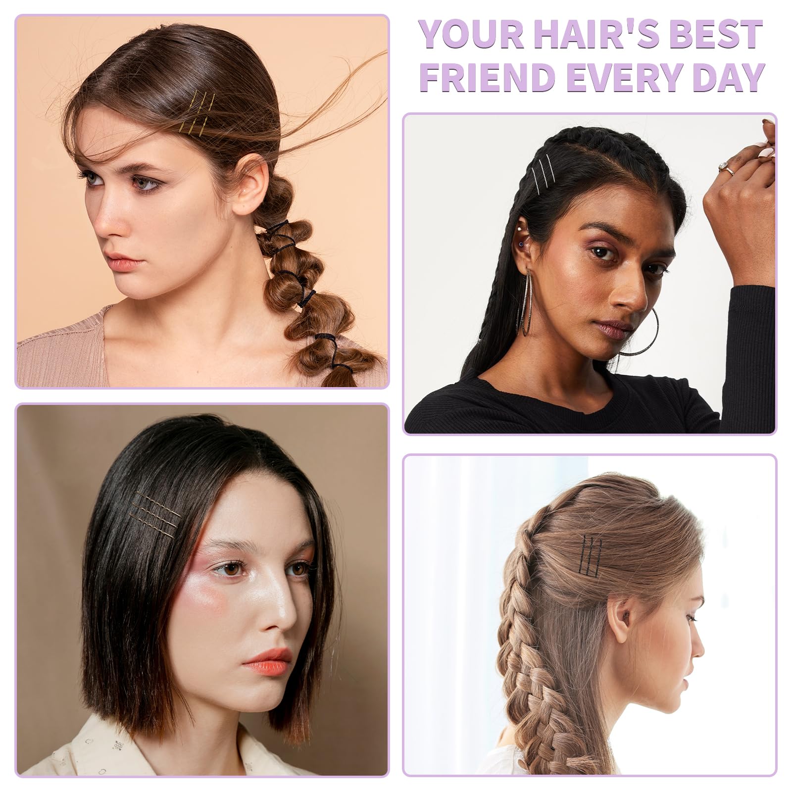Mia Klein Horquillas para el pelo de 2 pulgadas, 60 piezas de pinzas para el cabello para niños, niñas y mujeres, seguras y fáciles para todo tipo de cabello, con diseño de puntas de bola, accesorios