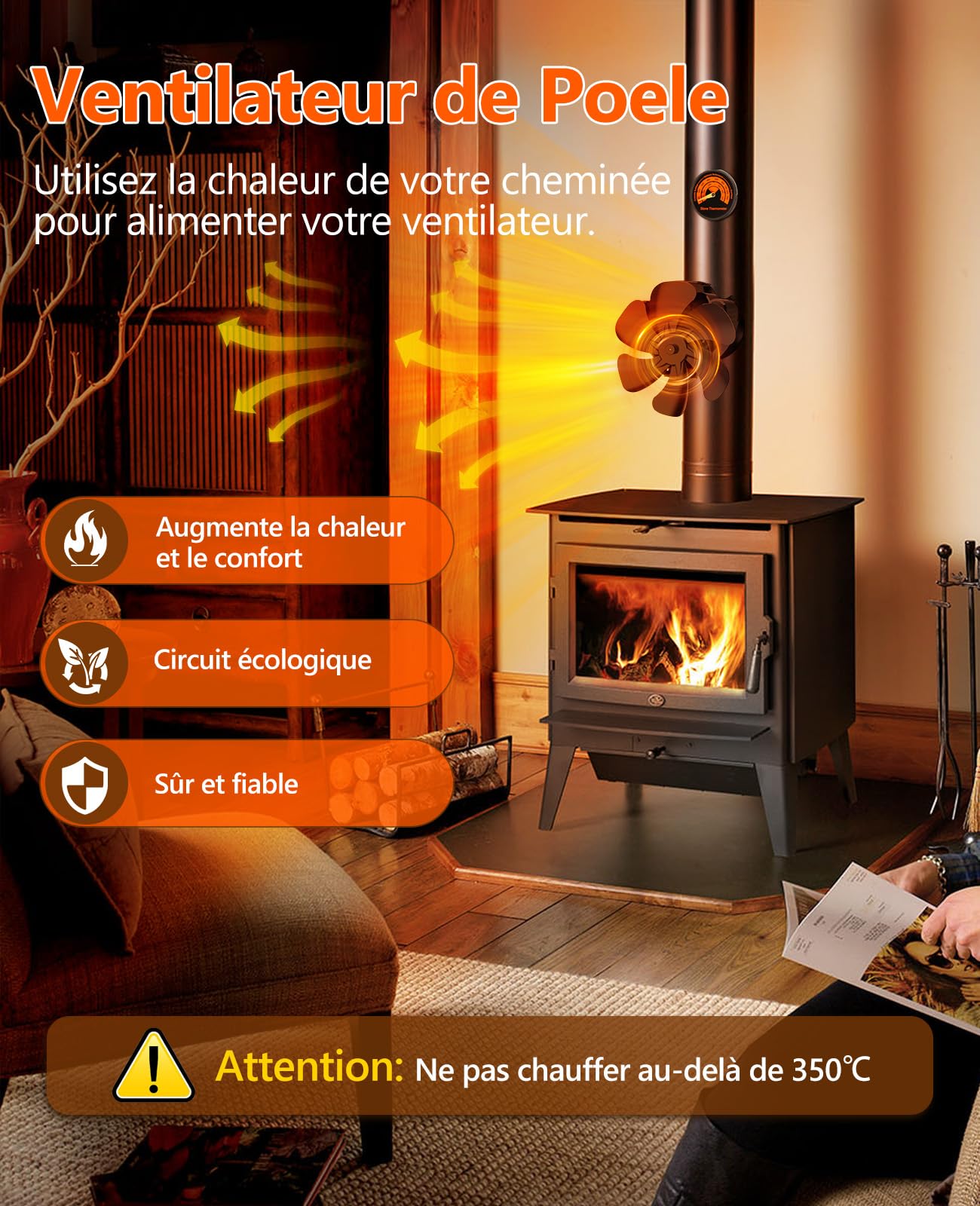 Ventilateur Poele à Bois 6 Pales, Silencieux Ventilateur de Poele, Ventilateur Cheminée pour Bois/Bûches/Foyer/Tuyau de Poêle avec Thermomètre et 1 Pièce de Rechange Anneau