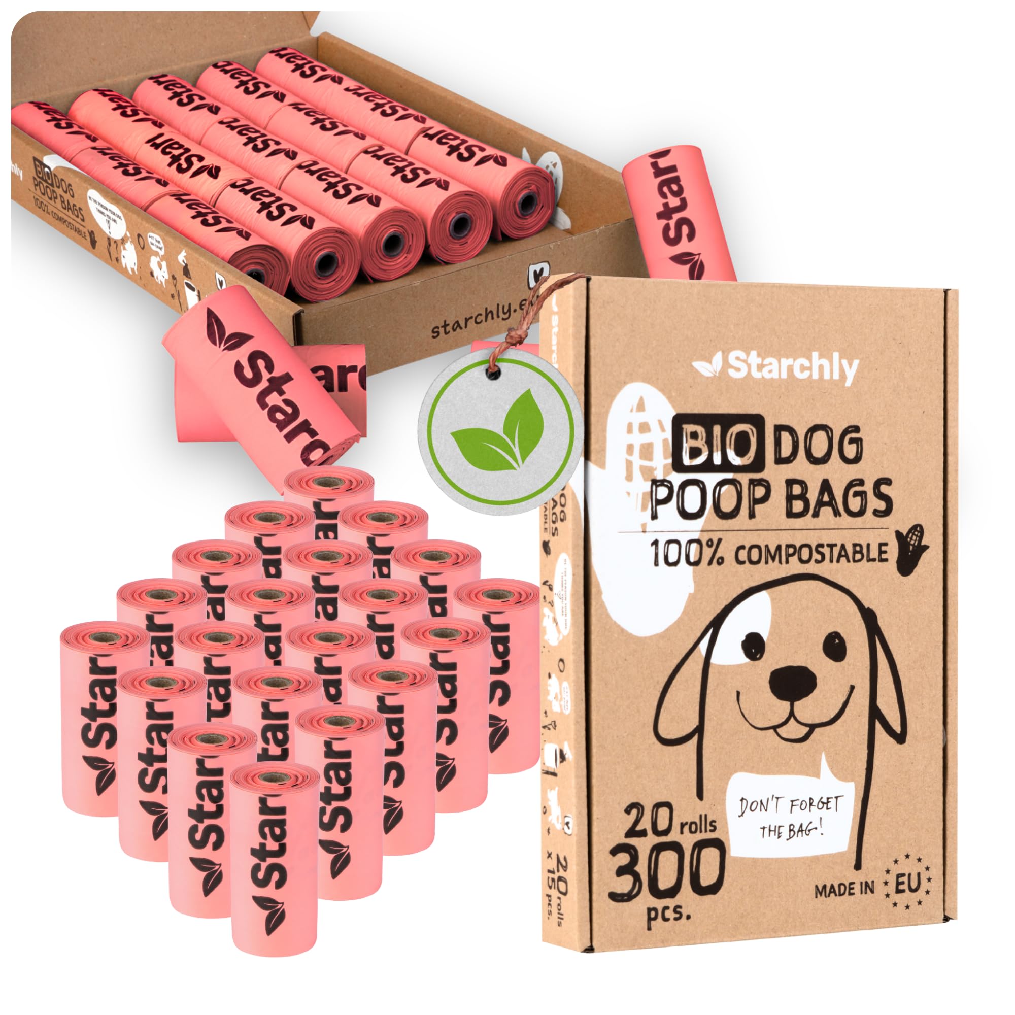 300 Stück Hundekotbeutel biologisch abbaubar - 20 Rollen Kotbeutel für Hunde - Bio, Kompostierbare Beutel aus Maisstärke - 15 pro Rolle - Reißfest, Auslaufsicher, rosa - MADE IN EU