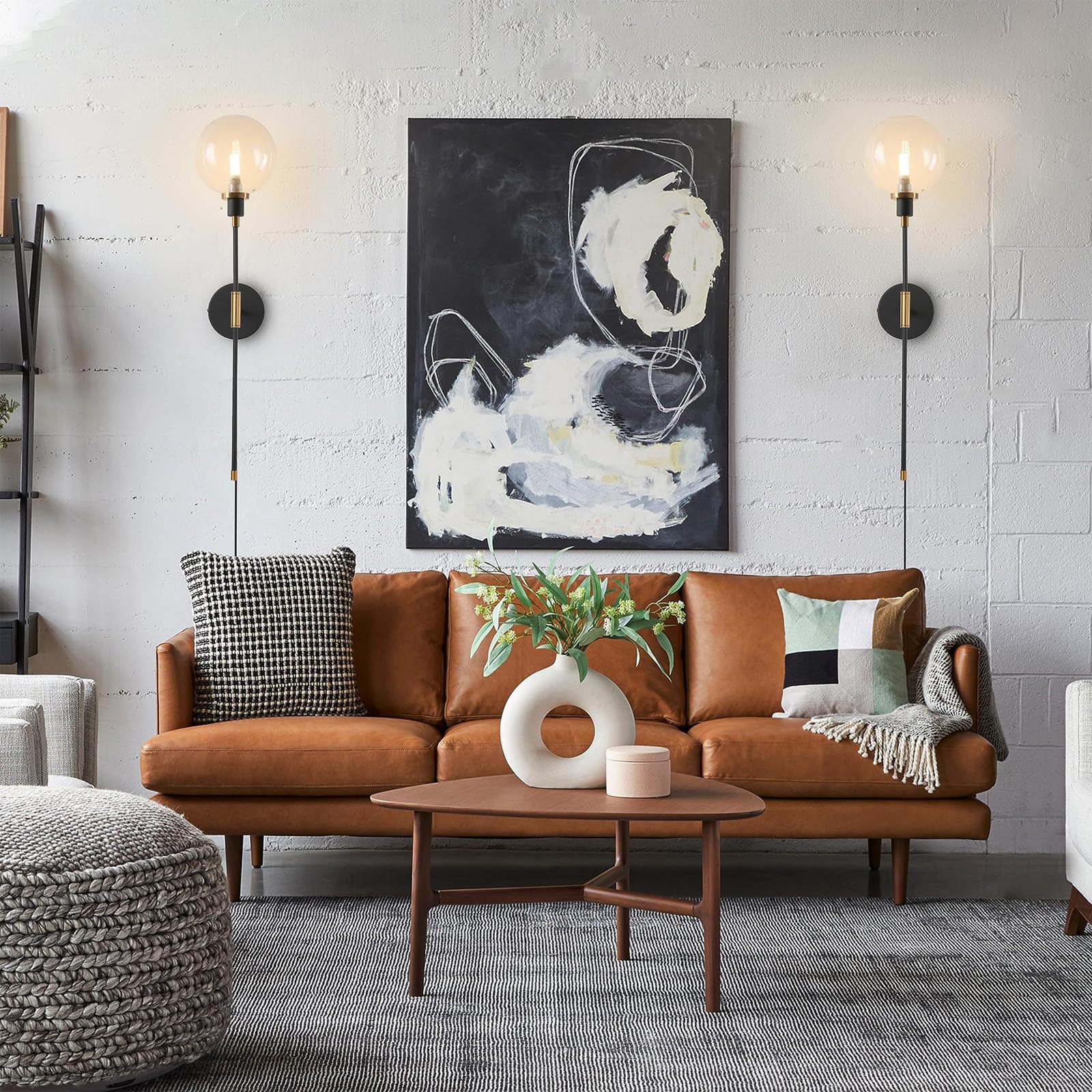 Vintage Industrial Wandlampe mit Schalter und Stecker Innen Wandleuchte mit Kabel Steckdose Wandbeleuchtung Glaskugel Schwarz Metall G9 für Wohnzimmer Schlafzimmer Loft (D,1 Stück)