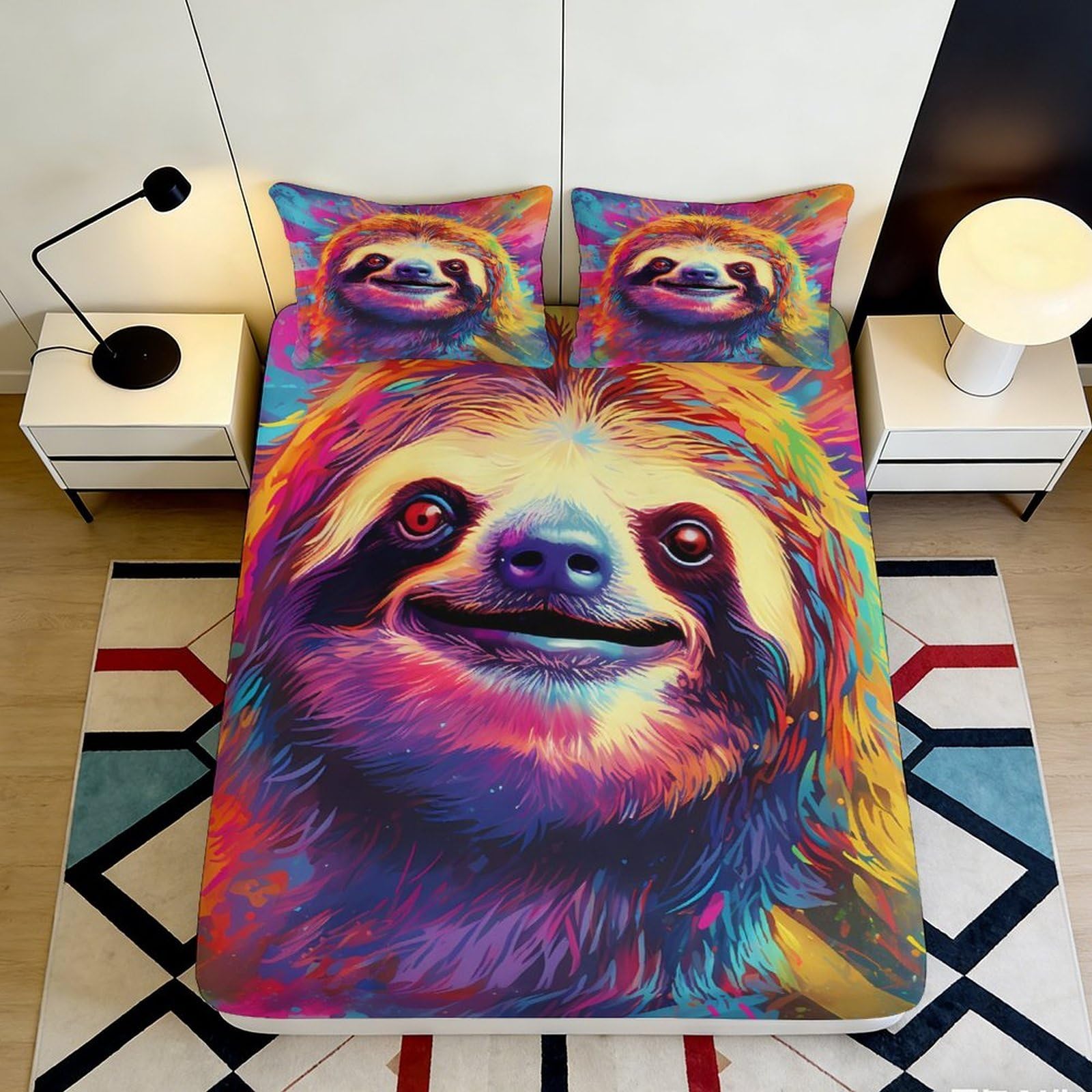 3D Printed Colorful Sloth Fitted Sheet Microfiber Deep Pocket Colorful Sloth Mattress Fitted Cover Non-Slip Bedding 180x200x25cm