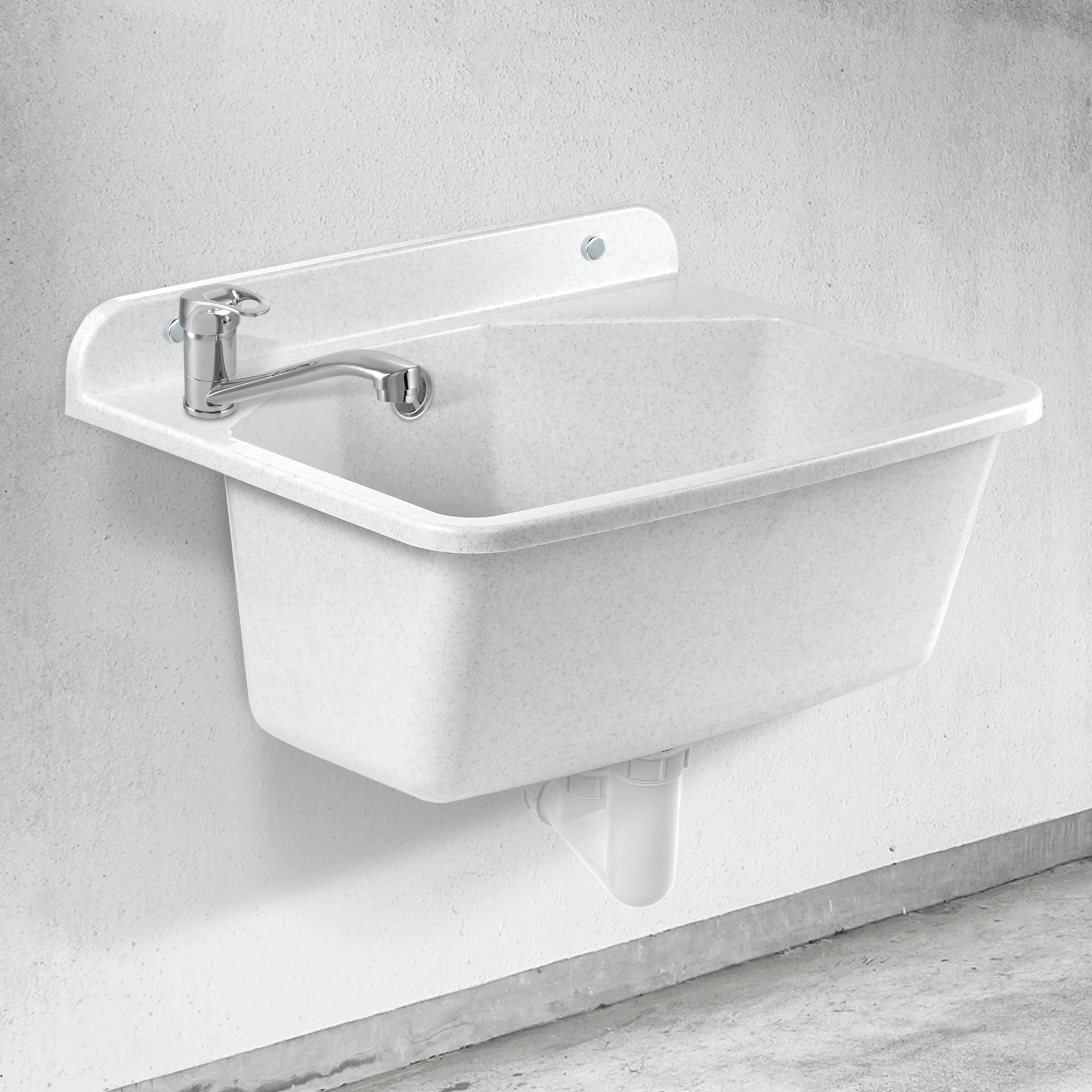 gospo Fregadero con grifo, sifón, 46 x 37 x 20 cm, lavabo de plástico, para jardín, garaje, sótano, taller, montaje en pared, fregadero, incluye accesorios (blanco)