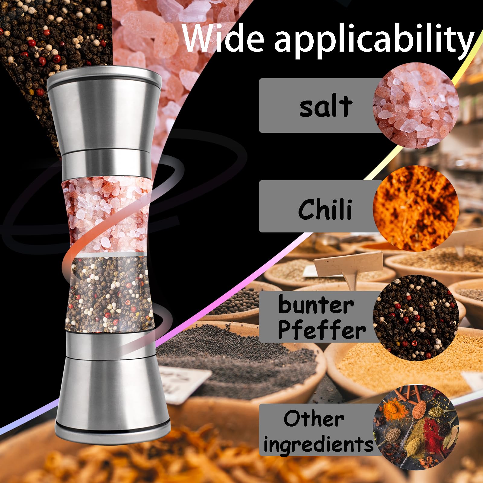 Cyiecw 2 in 1 Salz und Pfeffermühle, Manuell Salt and Pepper Grinder, Edelstahl Gewürzmühle mit Einstellbarer Keramischer Mühle, Nachfüll Chilimühle Salzmühle