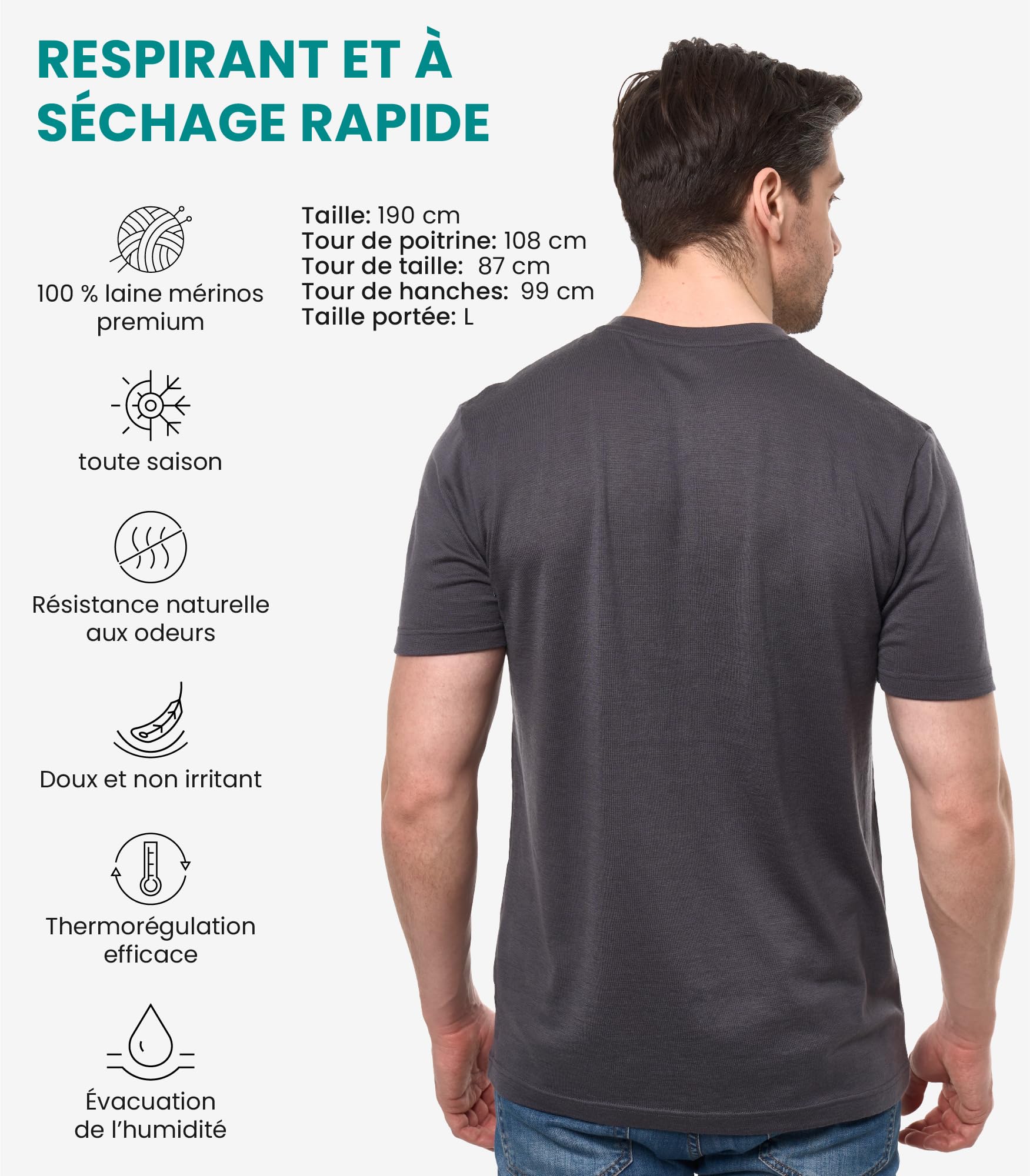 Merino.tech Tee Shirt Homme - T Shirt Sport Homme Merinos en sous Vetement Merinos à Manches Courtes