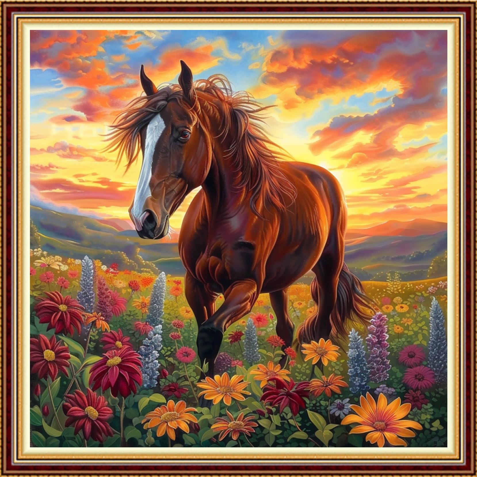 Fanxvivy Stamped Counted Cross Stitch Kits for Adults Printed Cross-Stitch Patterns 11CT Stamped or Counted Cross Stitching Embroidery Kit Needlepoint Kits-Flowers and Horses 18x18 inch