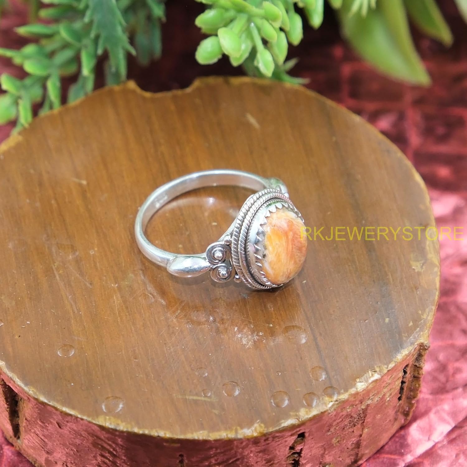 Orange Spiny Oyster Turquoise Stone Ring 925 Sterling Silver Handmade Design Statement Promise Wedding Engagement Rings Jewelry Gift for Wife Girlfriend and Her