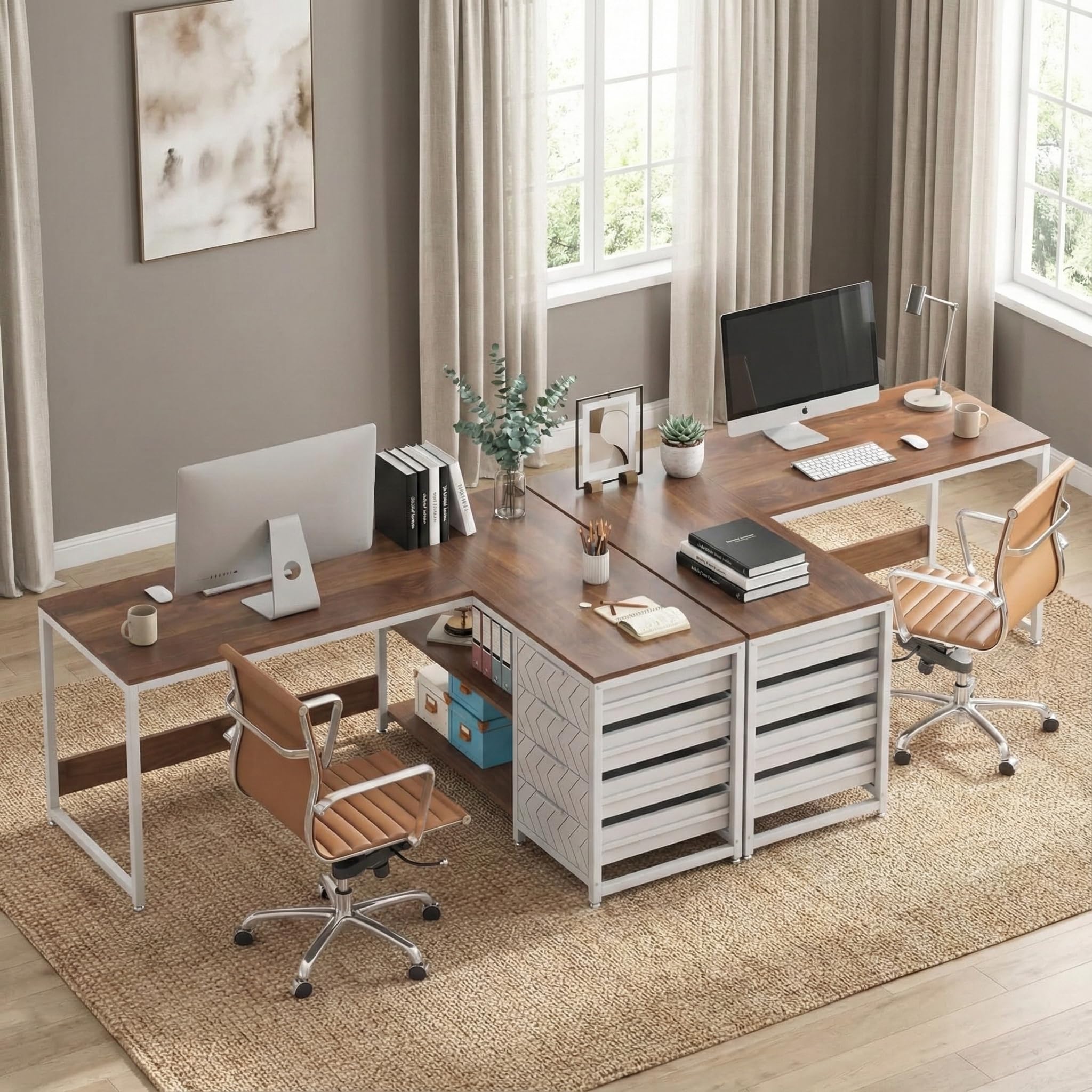 Lailang 150cm Scrivania, Tavolo Angolare, Mobili Ufficio Moderni, Scrivania In Legno, Scrittoio Vintage, 150 x 110 x 75 cm, Noce E Bianco