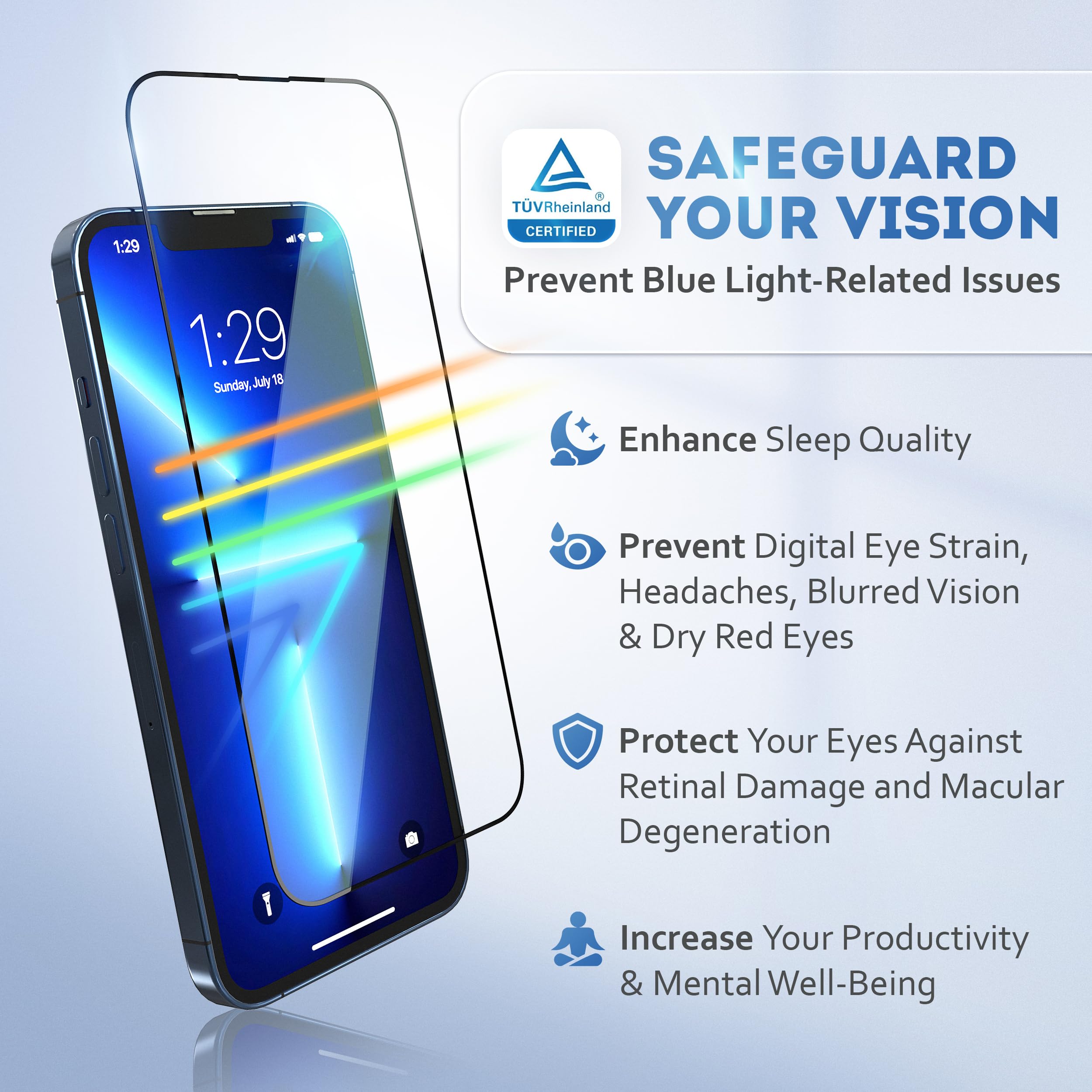 Deppa |2 Pack| Eye Safeguard TÜV Certified Anti-Blue Light Screen Protector for IPhone 13 Pro/13/14 (6.1') Tempered Glass Edge to Edge Full Cover with Easy Installation Kit Tray