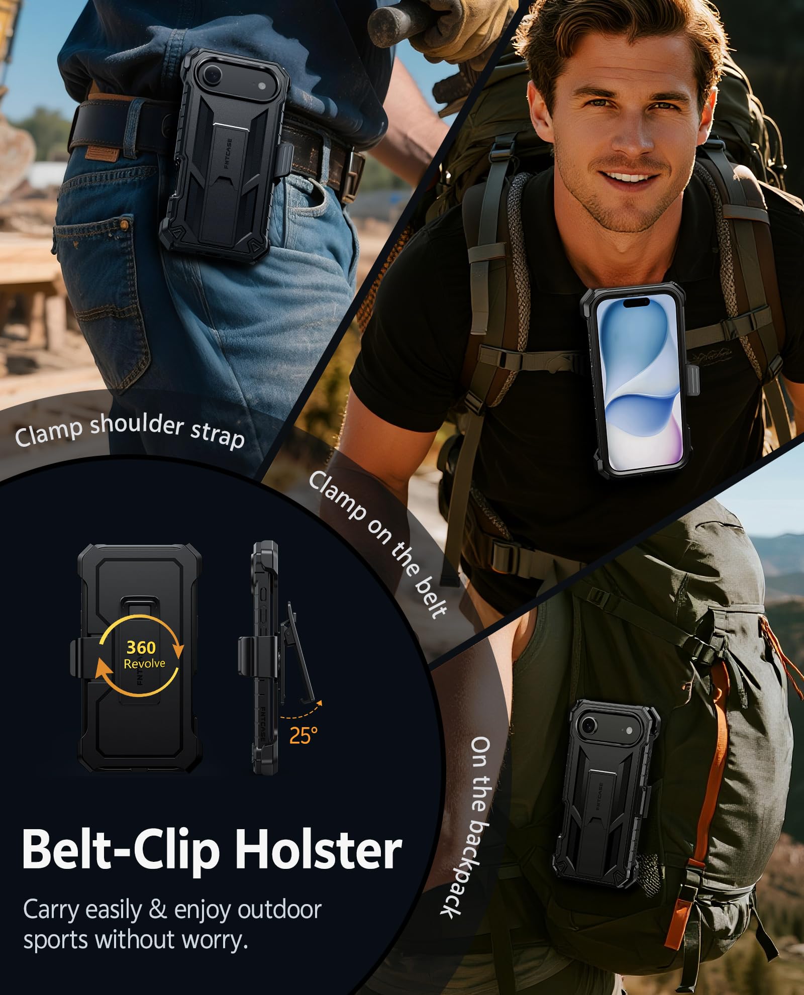 FNTCASE Funda para iPhone Air: resistente de grado militar para iPhone 17 Air con soporte y clip para cinturón, protección de TPU a prueba de golpes, protector resistente (negro)