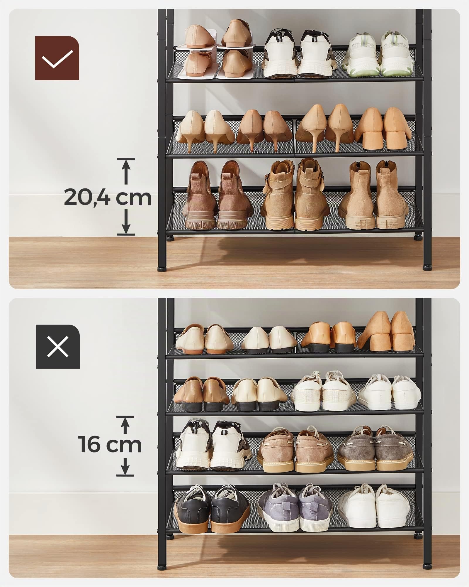 VASAGLE Schuhregal, Schuhablage, 5 Ebenen, große Oberfläche, verstellbare Gitterablagen, platzsparend für Eingangsbereich Flur, Metall, Industrie-Stil, vintagebraun-tintenschwarz LBS038B01