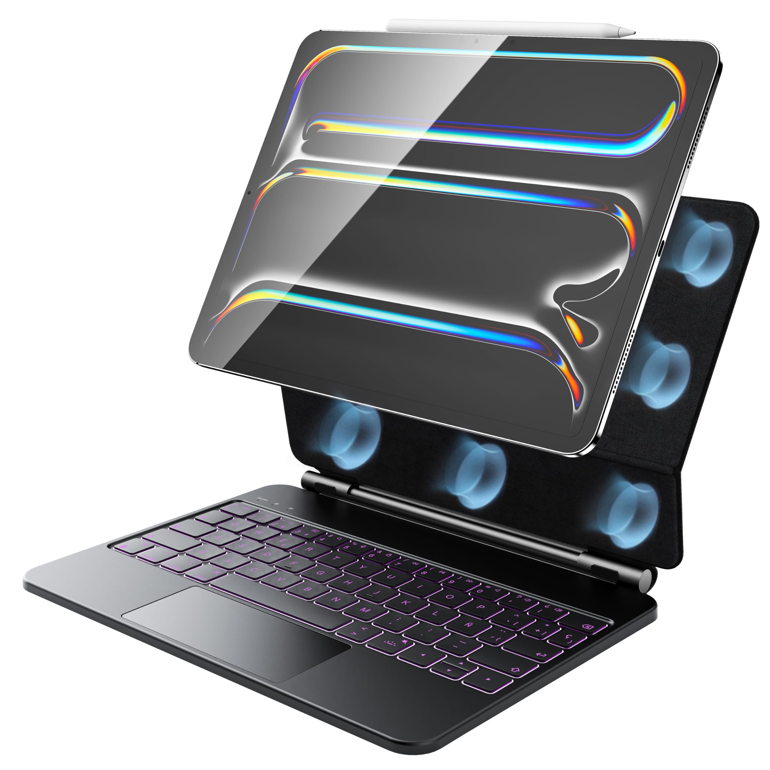 HOU Teclado para iPad Pro de 11 Pulgadas (M5/M4 2025), Funda con Teclado para iPad Pro 2025 de 11” con Trackpad Multitáctil, Retroiluminación de 7 Colores, Soporte Magnético,Español, QWERTY-Negro
