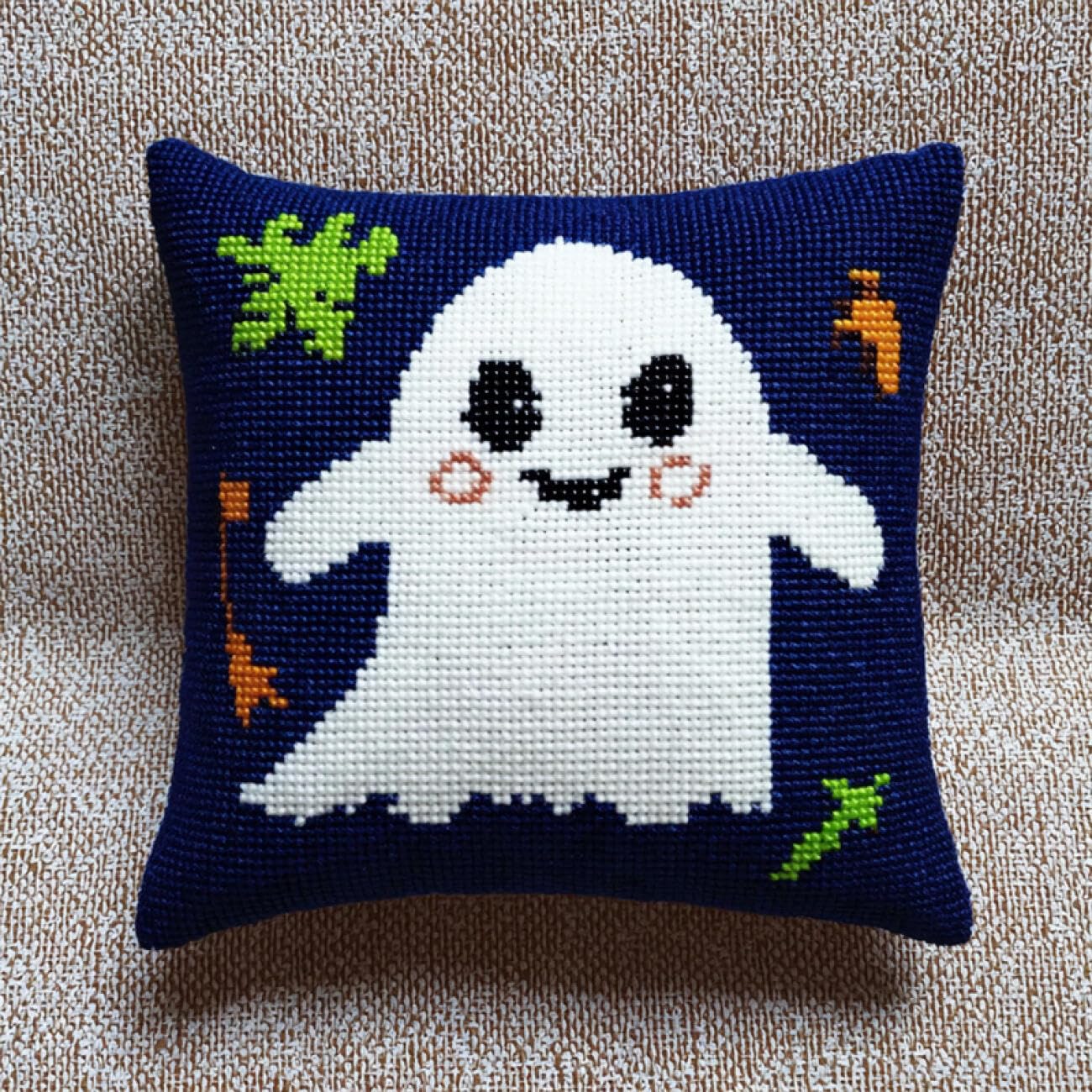Henypt 9CT Cross Stitch Cushion Kits for Adults Cartoon Ghost DIY Cushion Embroidery Kit Needlepoint Handmade Needlework Cushions Kits Stitched Pillow Cover Set for Adults Beginners 50x50cm
