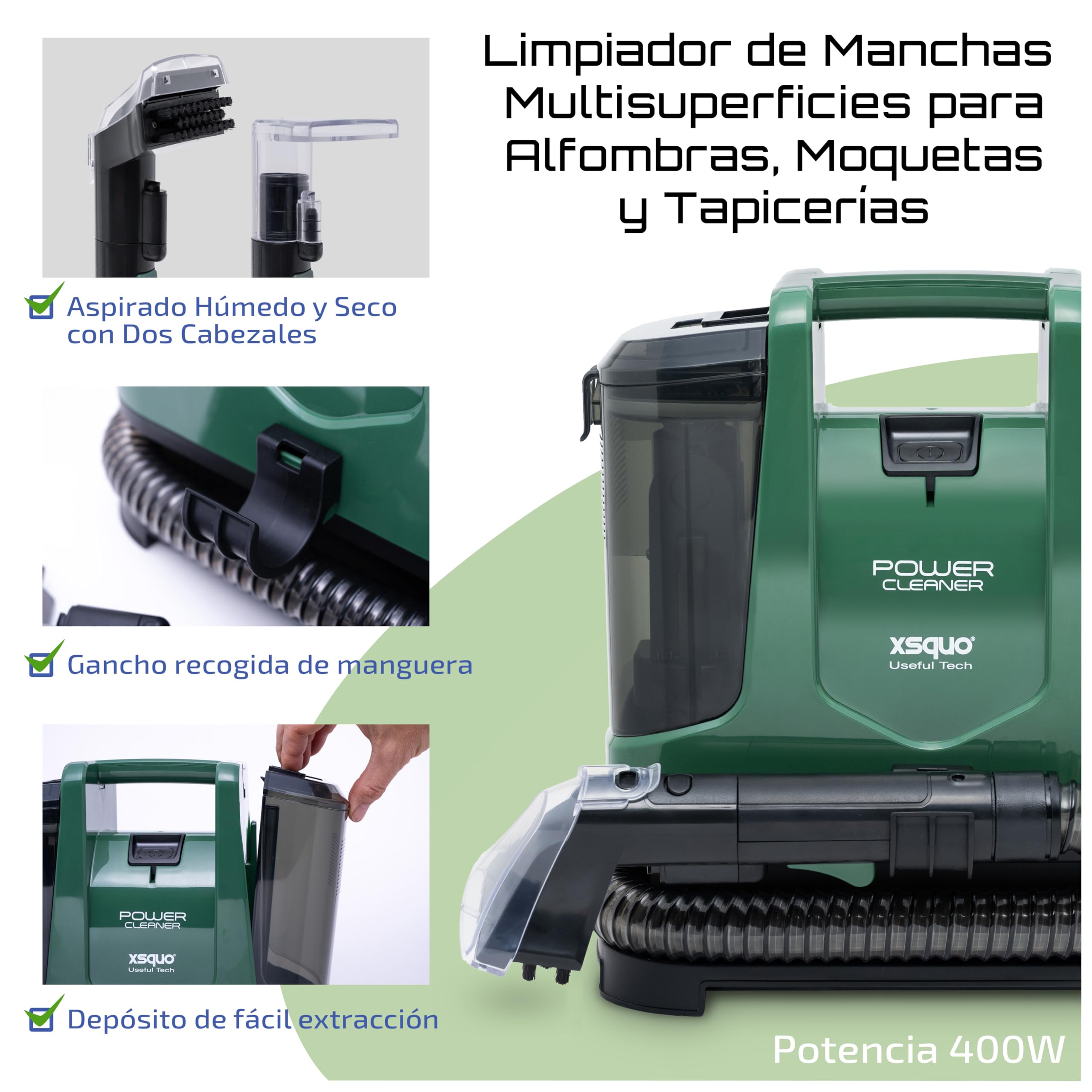 Aspirador de tapicerías alfombras moquetas Pulveriza limpia y aspira de una pasada 400w de potencia, 2 depósitos de agua limpia y sucia Radio de acción 7 metros Asa de desplazamiento Power Cleaner