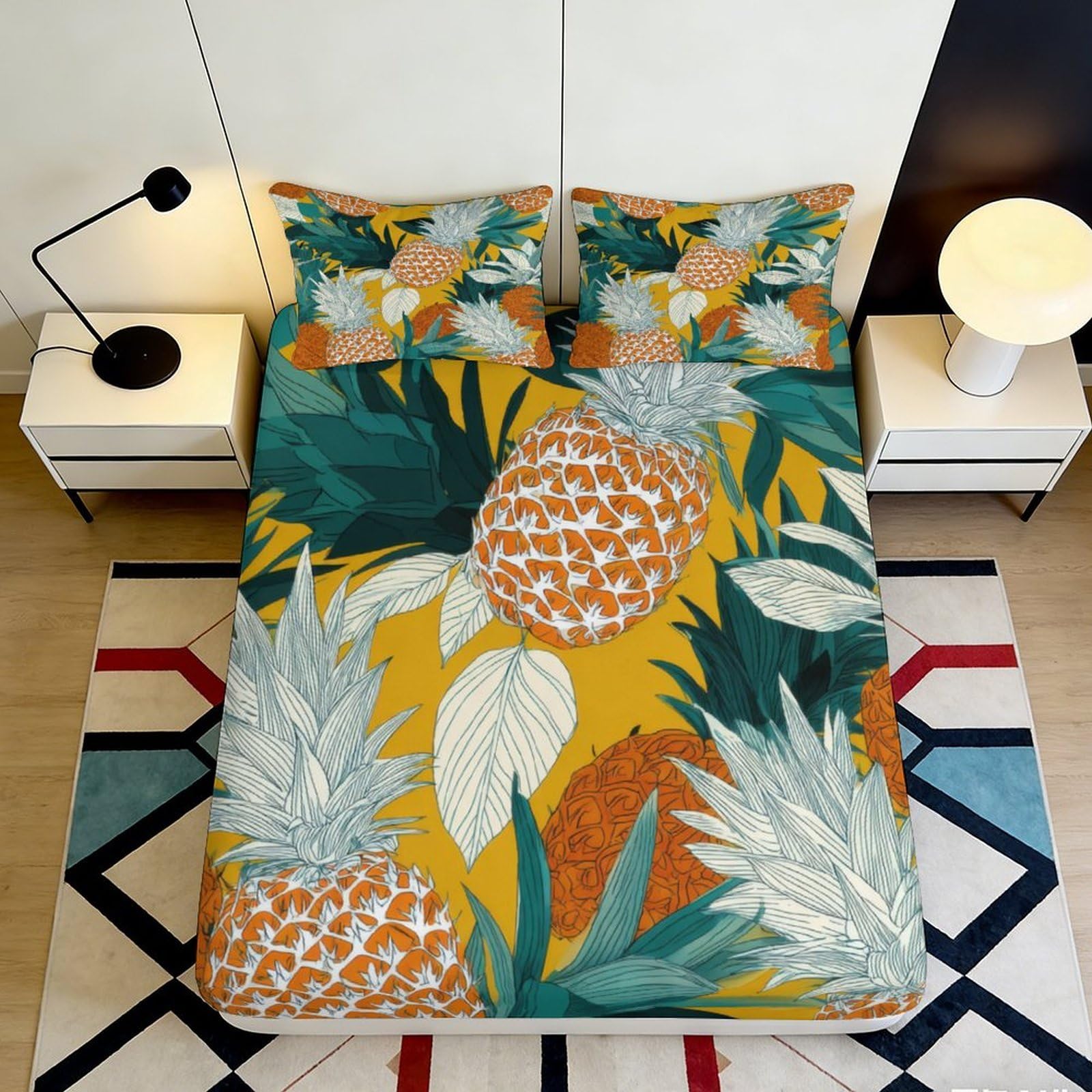 3D Printed Pineapple Pattern Fitted Sheet Microfiber Soft Breathable Tropical Leaves Bed Cover for Bedroom Dormitory Guest Room Mattress Protection 90x200x25cm