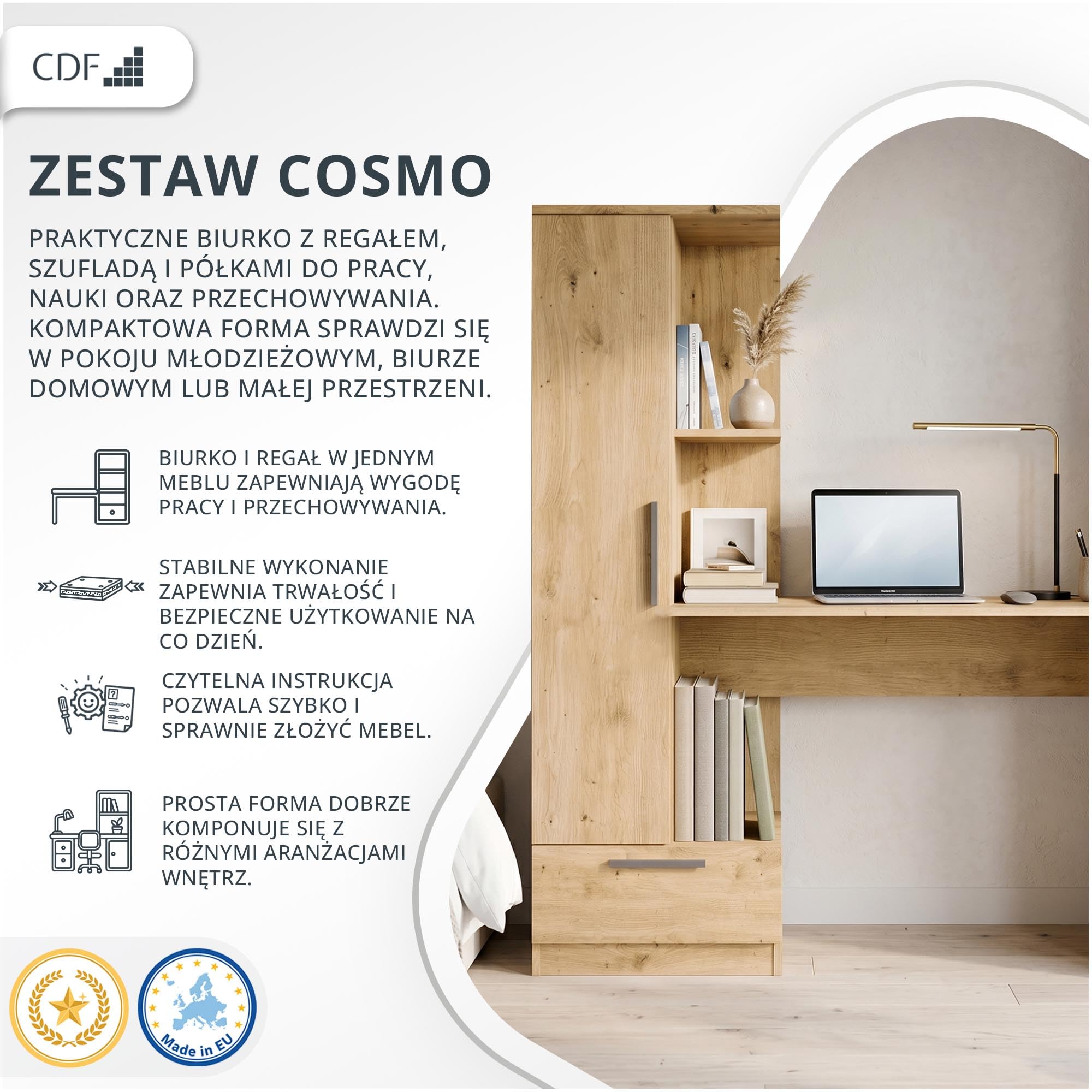 CDF Biurko z Regałem Szufladą 140cm 3 Półki Praca Zdalna Home Office Biurko Komputerowe Ergonomiczne Pokój Młodzieżowy Pokój Dziecięcy Sypialnia Gabinet PC Prowadnice Dąb Artisan Płyta Laminowana 16mm