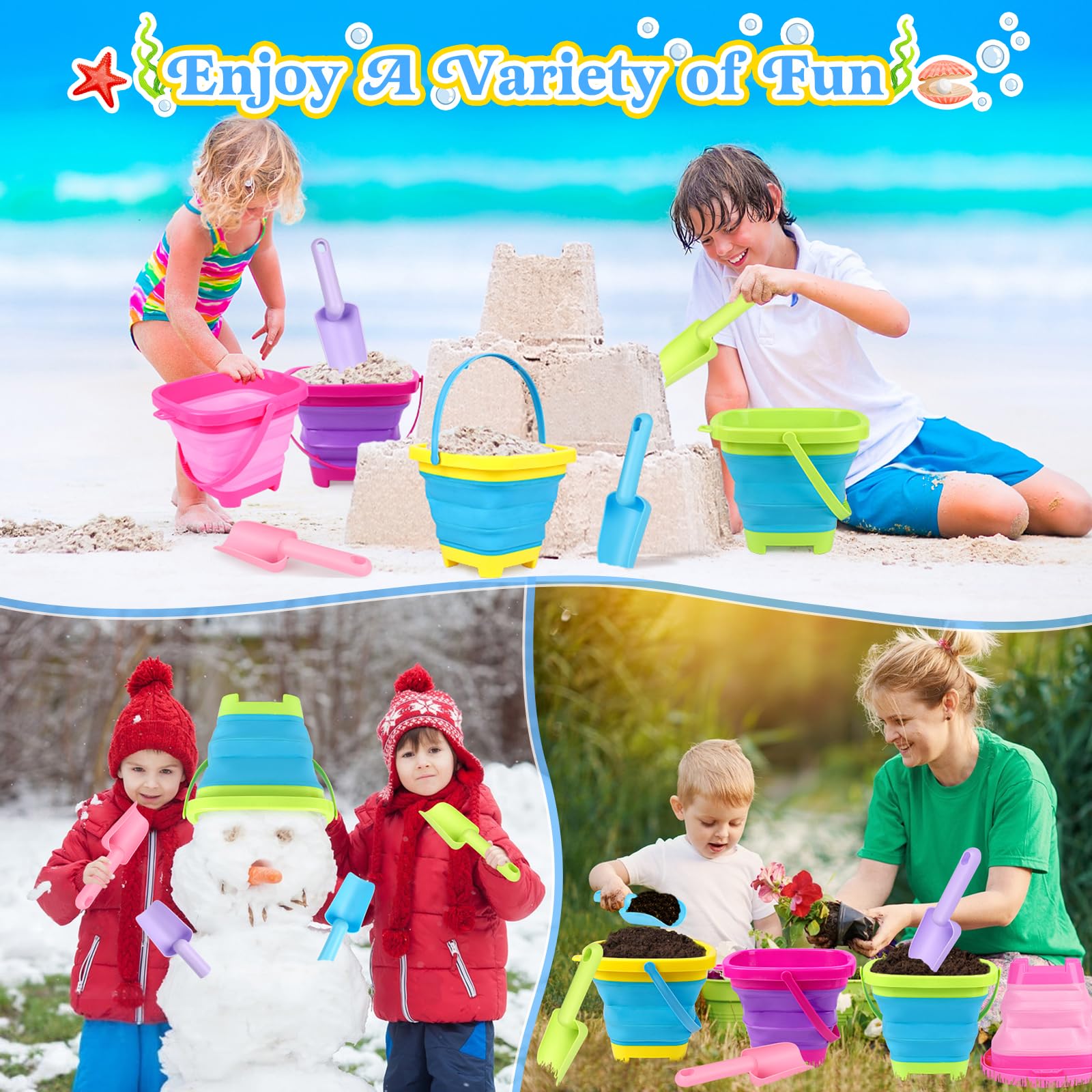 Faltbare Strandeimer für Kinder, 4 Packungen, faltbare Sandeimer und Schaufeln mit Netz-Strandtasche, Silikon-Sandeimer für Kleinkinder, Strandspielzeug, Ostereiersuche, Camping, Reisen, Angeln