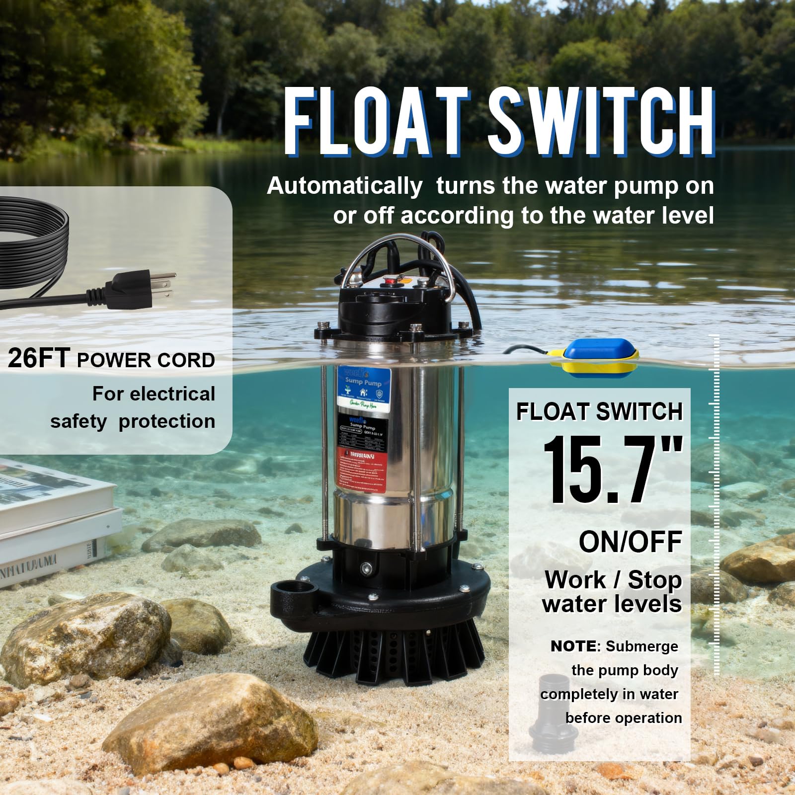 Weeflos 1.6HP Submersible Sump Pump Automatic Water Pump w/High