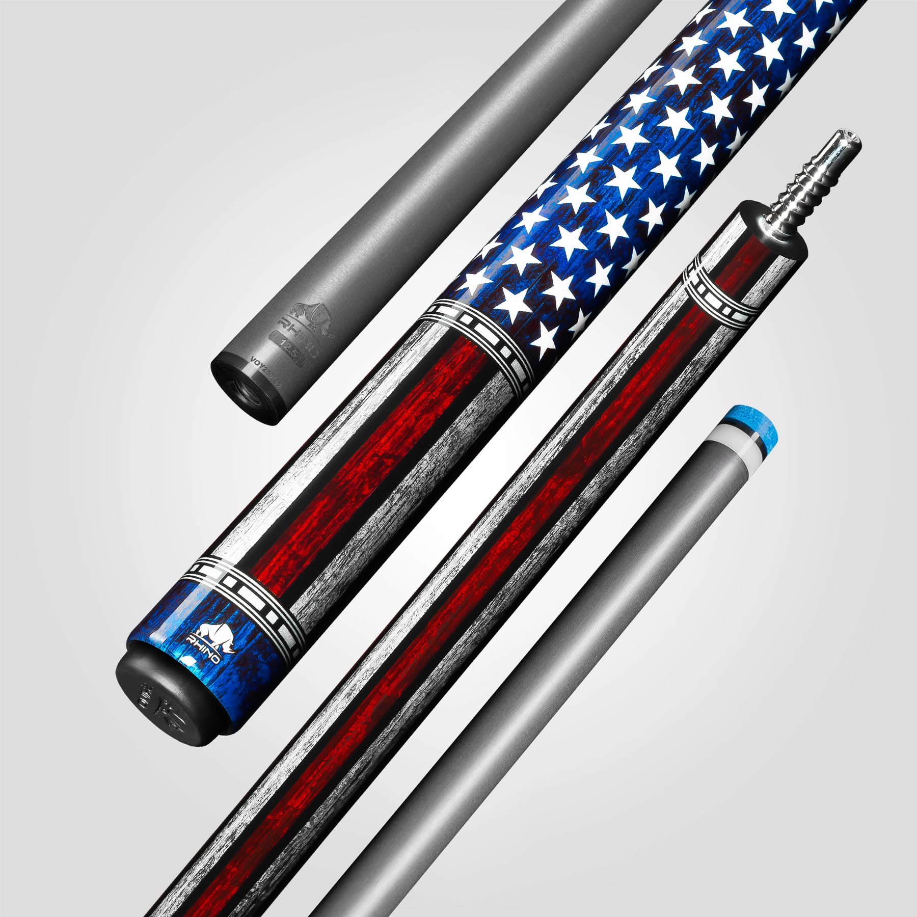 RHINO Voyager-USA Cue Sticks - (3/8-8 Joint) - 12.5mm Tip Diameter. Wrapless, Premium Carbon Fiber Shaft and Composite Butt