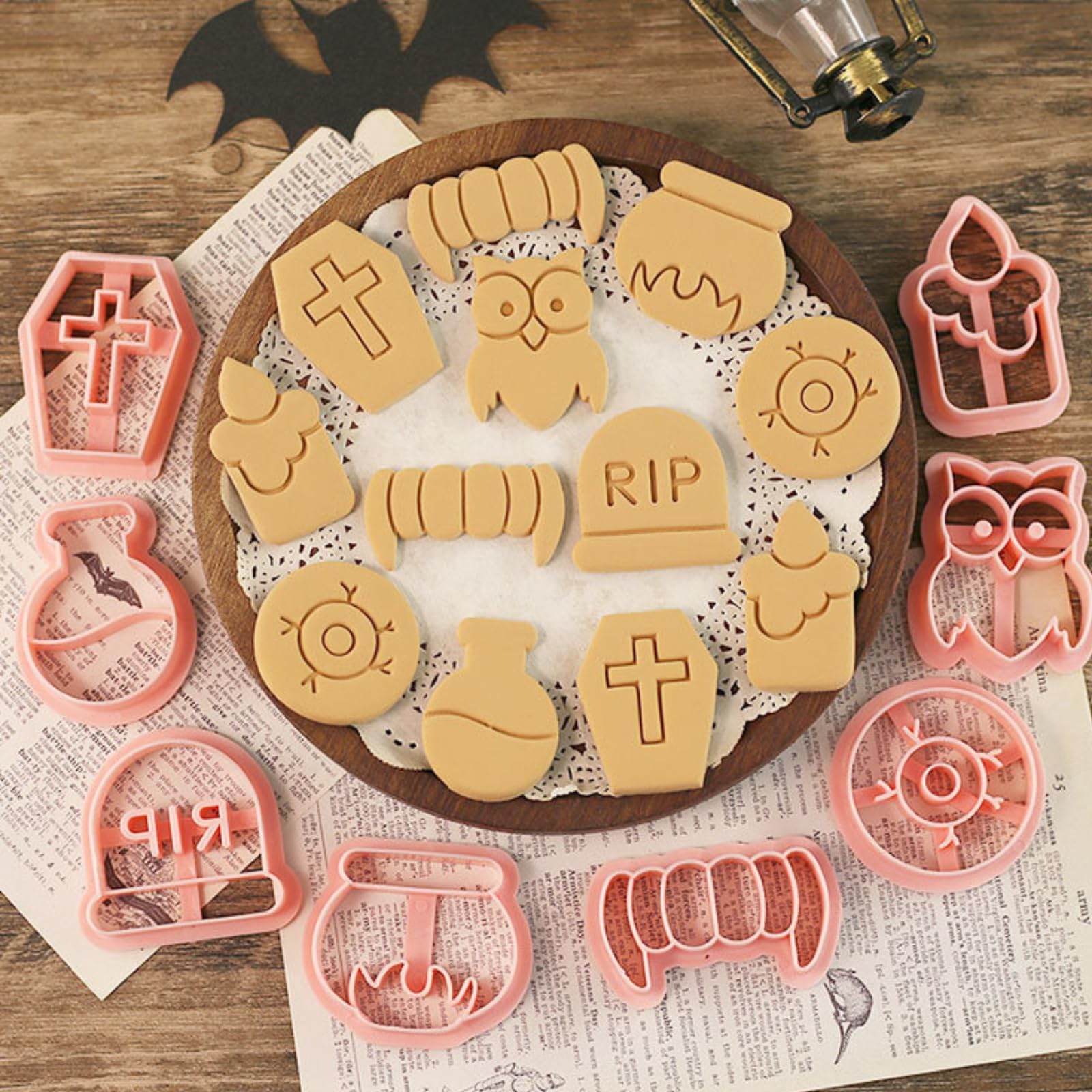 PTaizjjz Mini Halloween Cookie Cutters, 8pcs 3D Halloween Cookie Stamps-Candle,Tombstone,Owl,Alchemy,Furnace,Eye,Coffin - Image 4