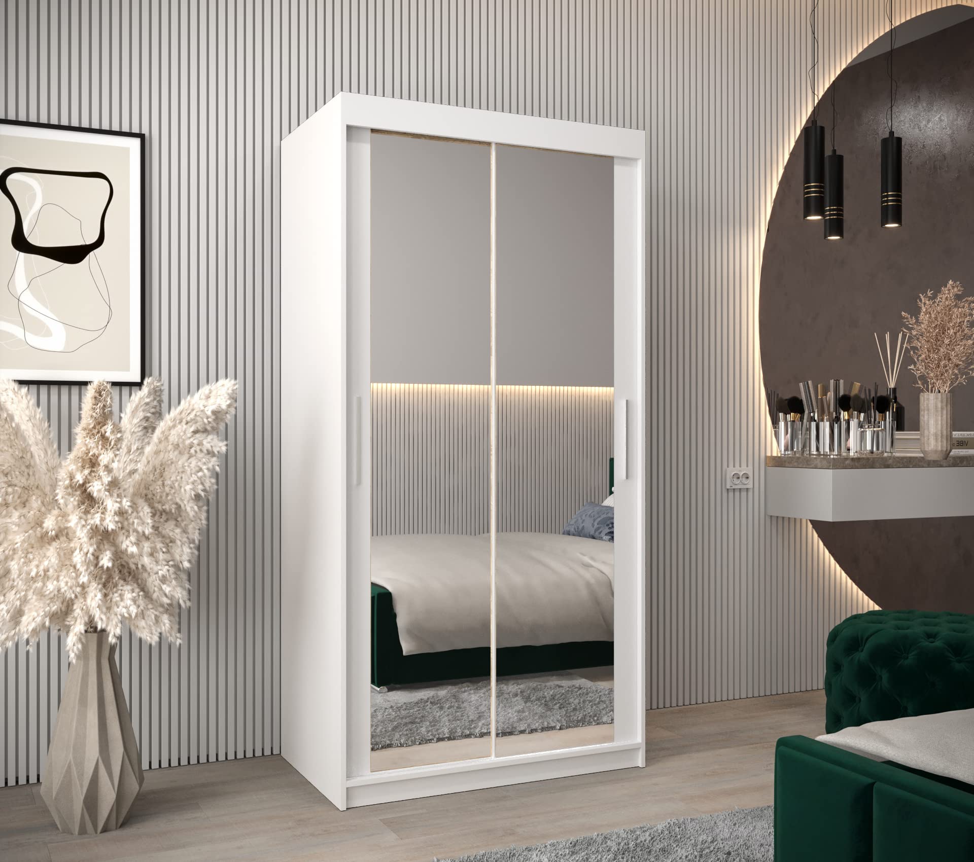 ABIKSMEBLE Tokyo 3 100 Armadio a due ante scorrevoli per camera da letto, moderno armadio con specchio, asta e ripiani, 100 x 200 x 62 cm (L x A x P) bianco opaco