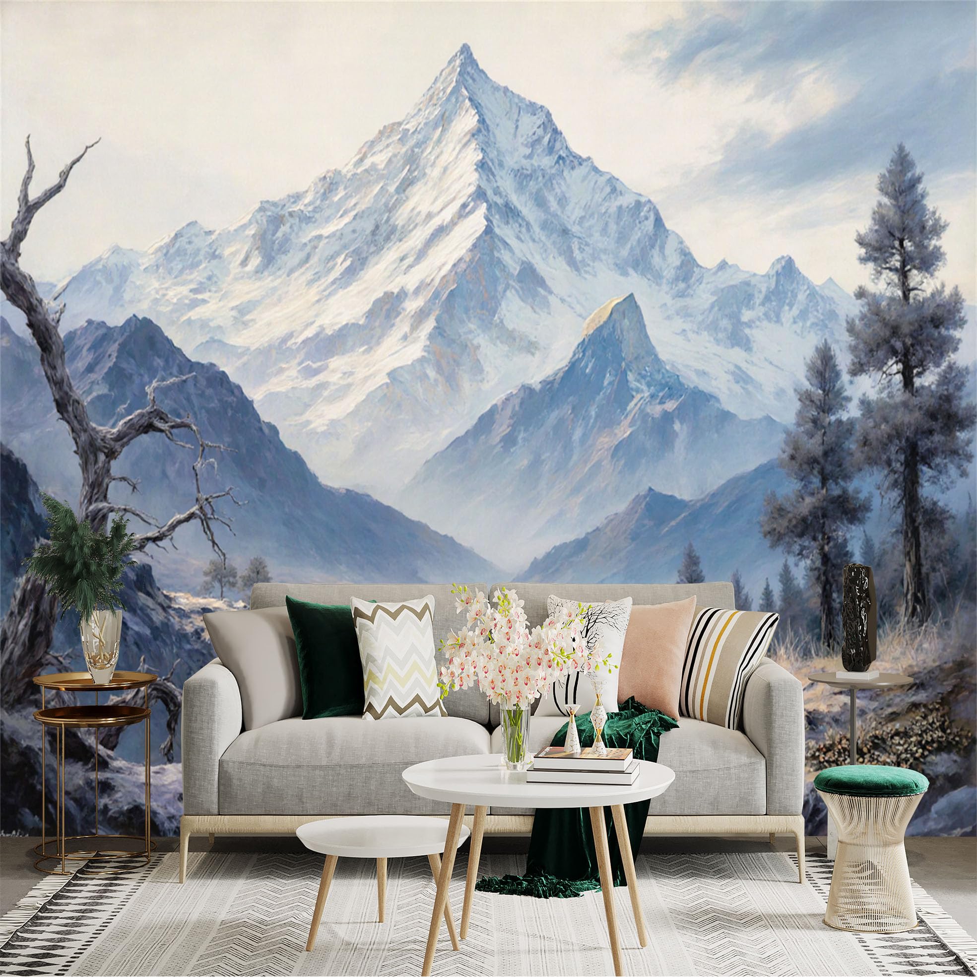 Custom Size Wall Sticker Mural， Snowy Mountain Landscape with Waterfall， River， and Pine Trees， for wall Decoration， peelandstick wall Decals.
