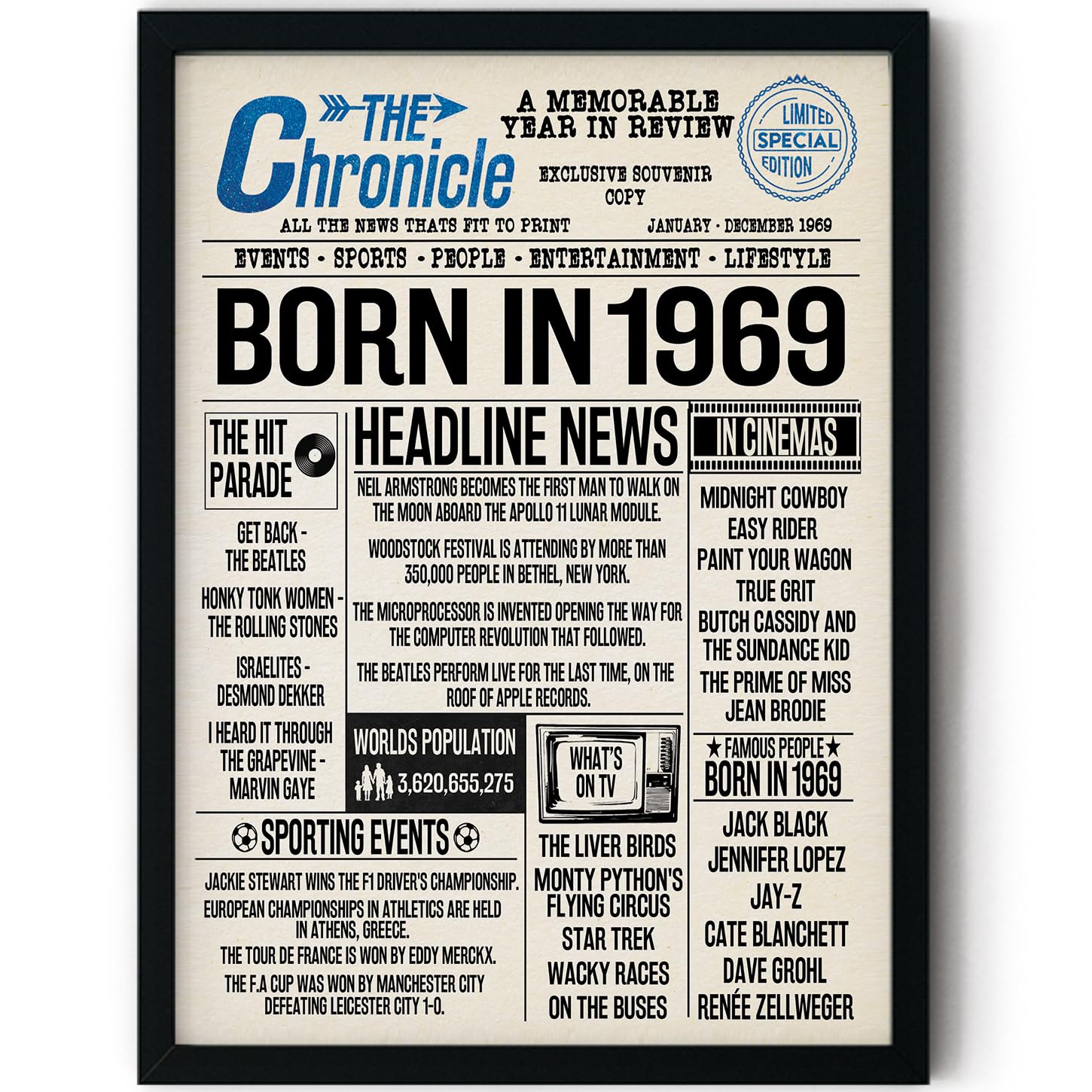 Stuff4 Men's 1969 57Th Birthday Poster Framed - Born In Newspaper - Happy 57Th Birthday Gifts For Wo Vintage Retro Back In 8X10 Inch Bday Party Decor Decoration