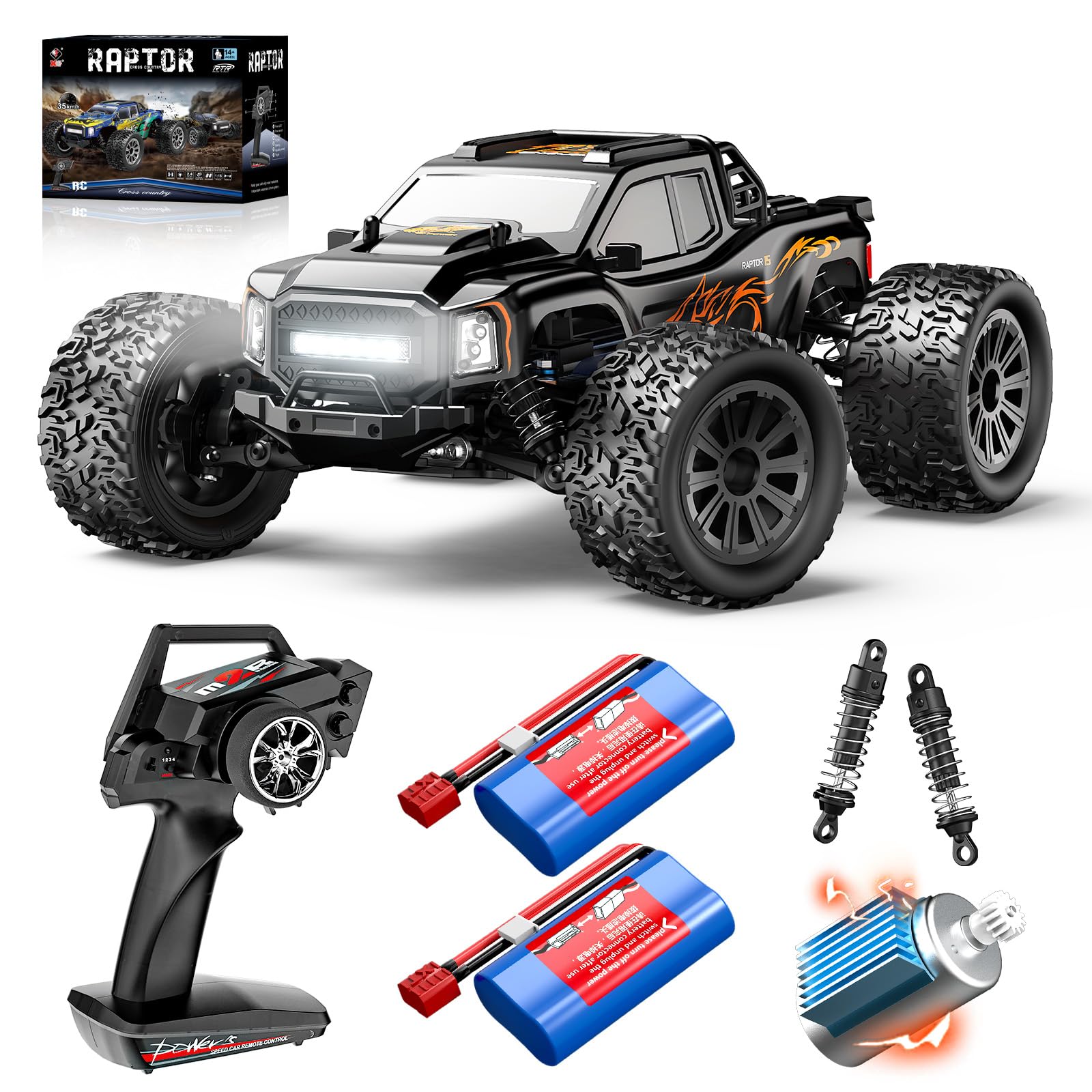 Ferngesteuertes Auto Erwachsene 1:16 RC Auto 4WD Offroad, 36 km/h High Speed RC Car All-Terrain Monstertruck Ferngesteuerter geländewagen mit 2.4GHz Fernsteuerung, Doppelter 7.4V 1500mAh Akku