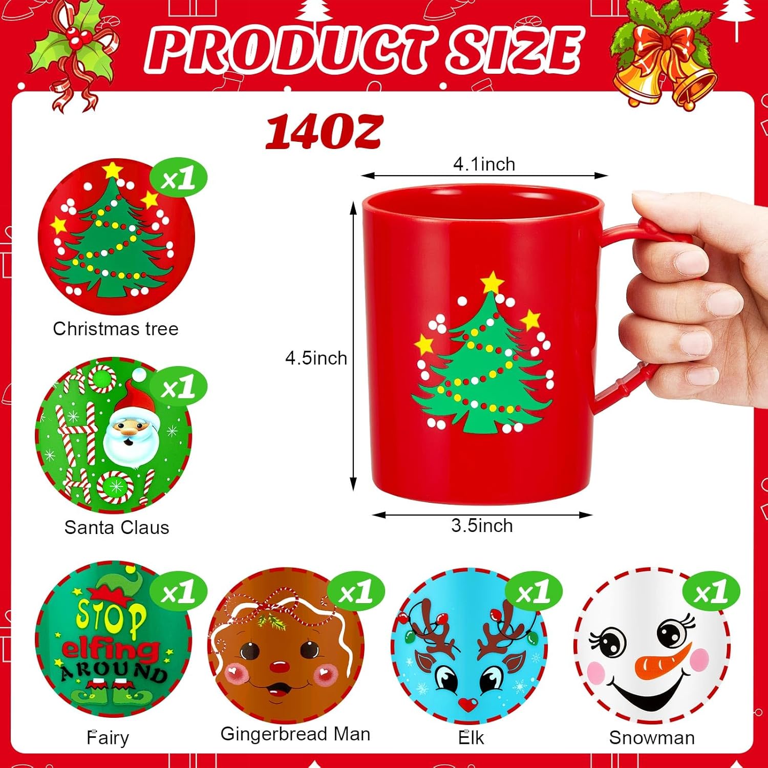 Suclain 6 Pcs Plastic Mugs - 15 oz Christmas & Holiday Coffee Cups with Handle - Santa & Snowman Mugs for Kids & Winter Party Supplies, 6 Styles