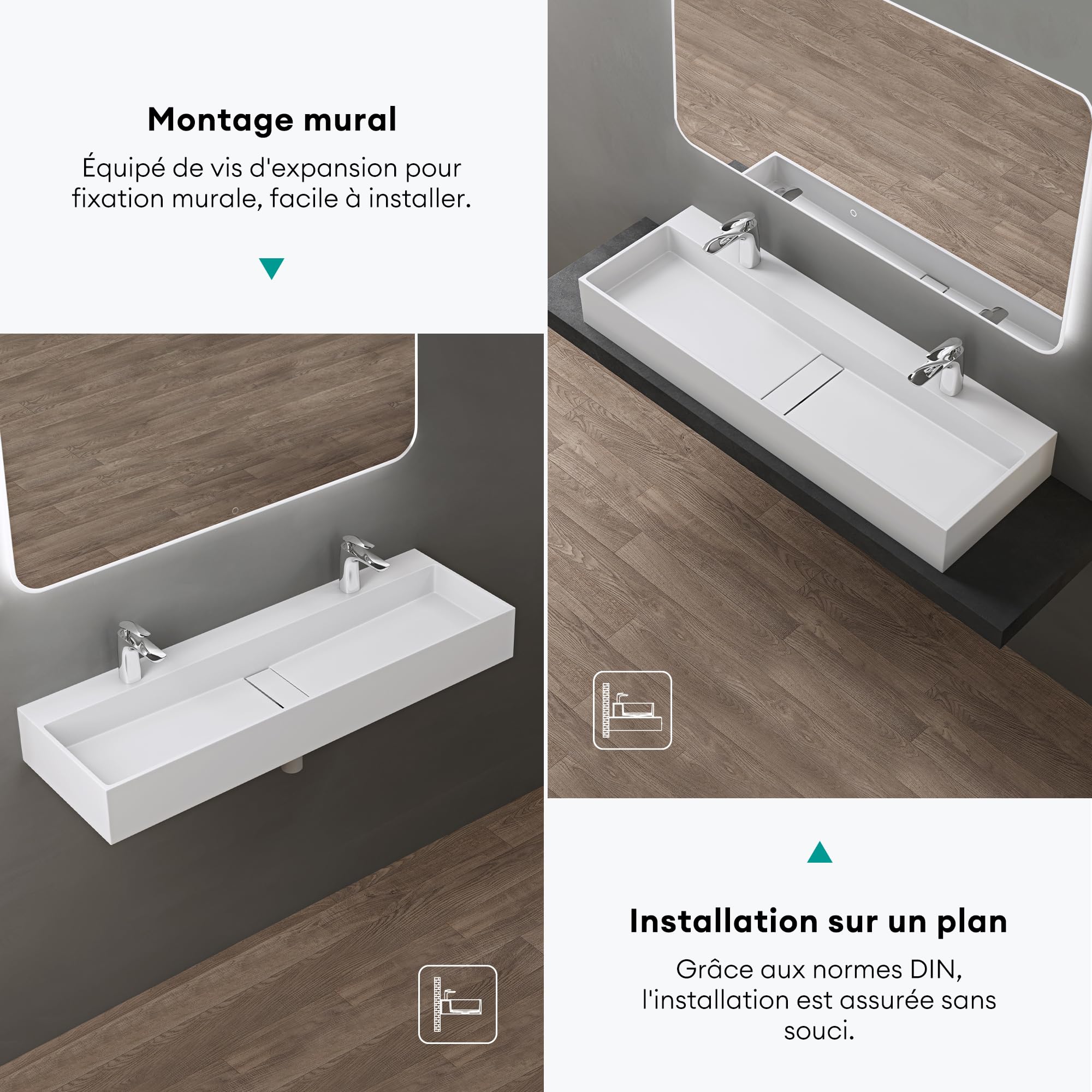 doporro Vasque à Poser Blanc Mat avec Bonde Lavabo de Salle de Bains Suspendu 120cm Lave Mains Rectangulaire avec Cache Bonde Colossum6028