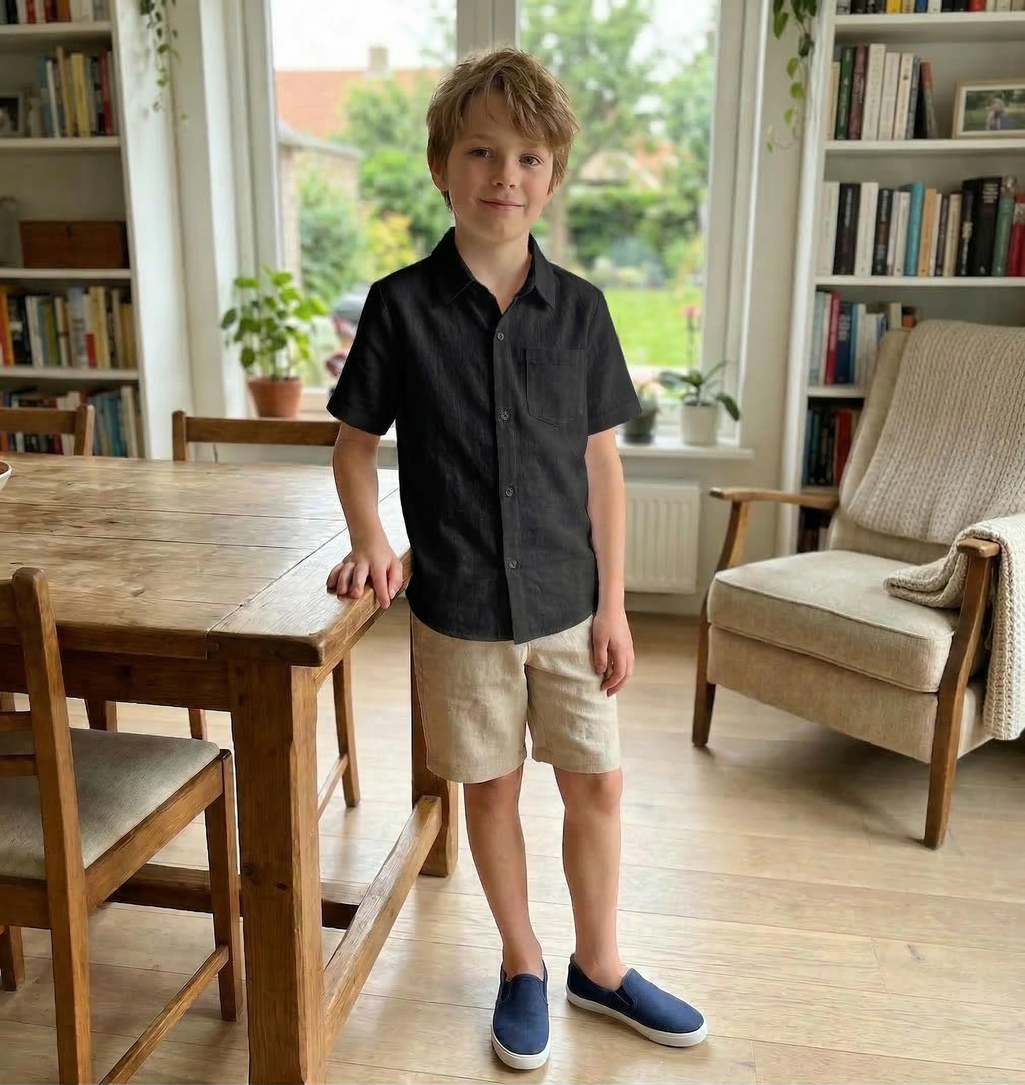Arshiner Garçons Chemises en Lin Eté Enfants Manches Courtes Boutonnés Shirt Loisirs Poche Chemises pour Garçons 5-13 Ans