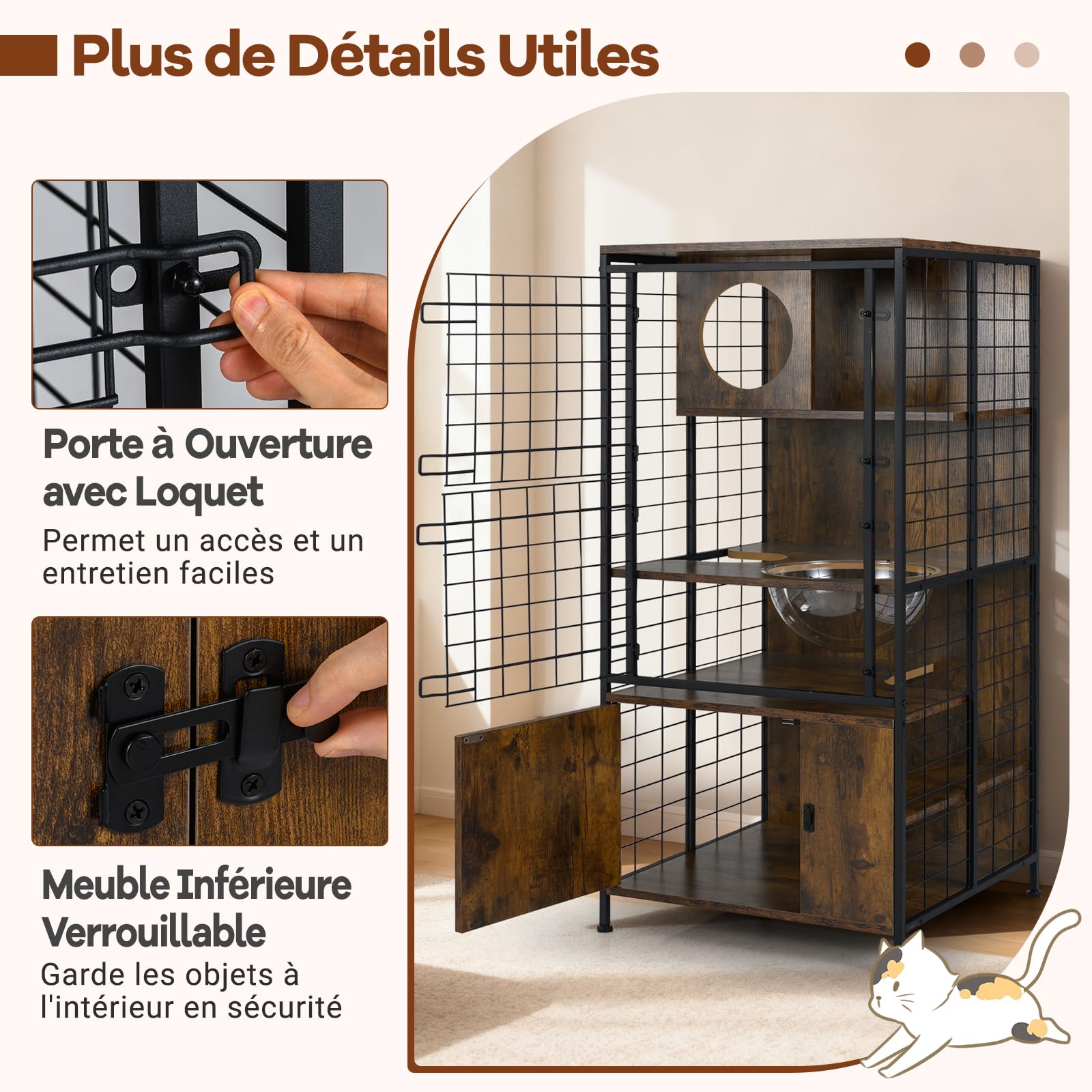 COSTWAY Grand Cage Chat à 4 Niveaux, Enclos pour Chats en Fil, 3 Plateformes, Capsule, Meuble de Rangement Bas, Portes Verrouillable, Patins Réglables, pour Lapin Écureuil, 60 x 60 x 125 cm
