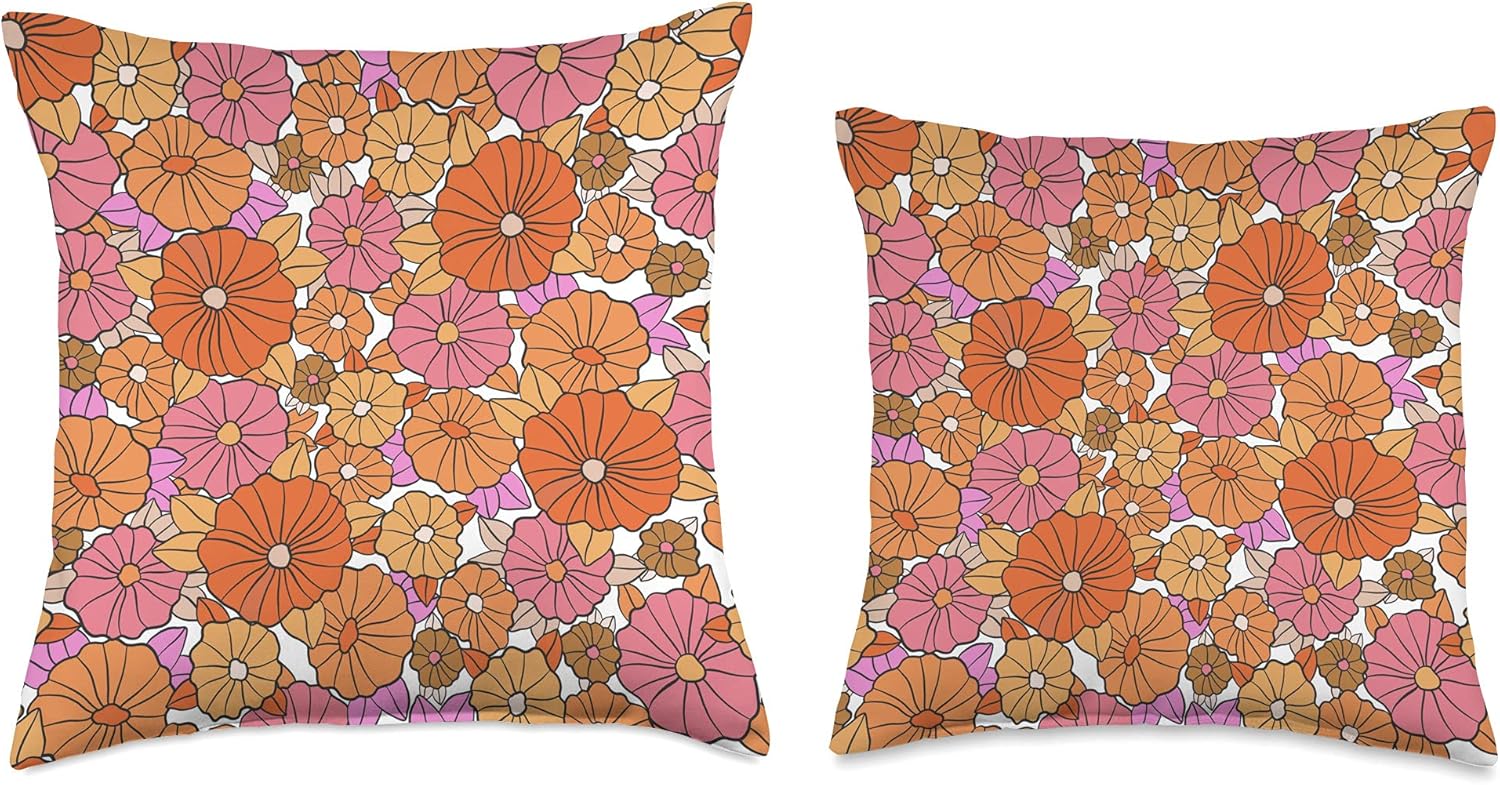 Groovy Pink and Orange Flowers Retro 70's Decor Throw Pillow