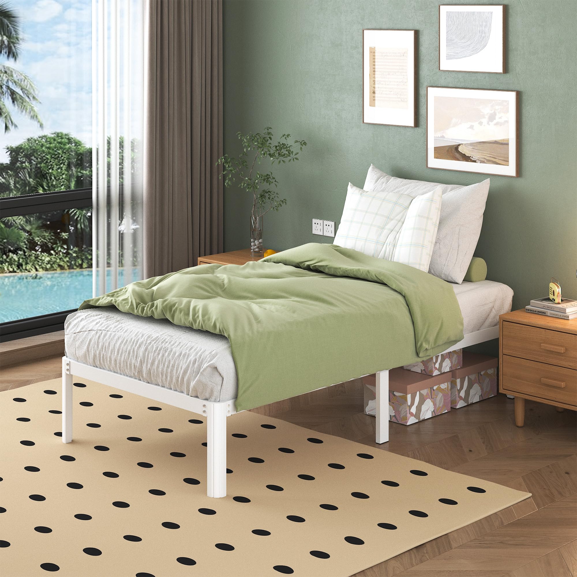 Cama 75x190 cm con Patas Curvadas, Estructura Metal Resistente, Somier Láminas, Blanco