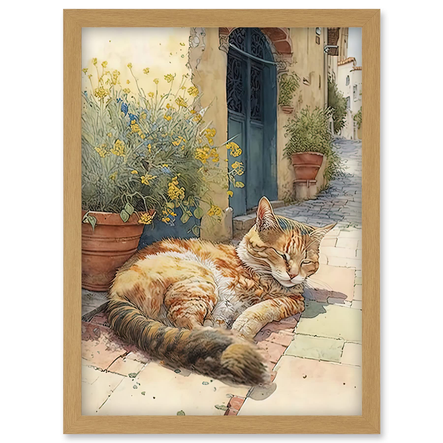 Artery8 Cat Sunbathing in Mediterranean Village Street Watercolour Illustration Artwork Framed Wall Art Print A4