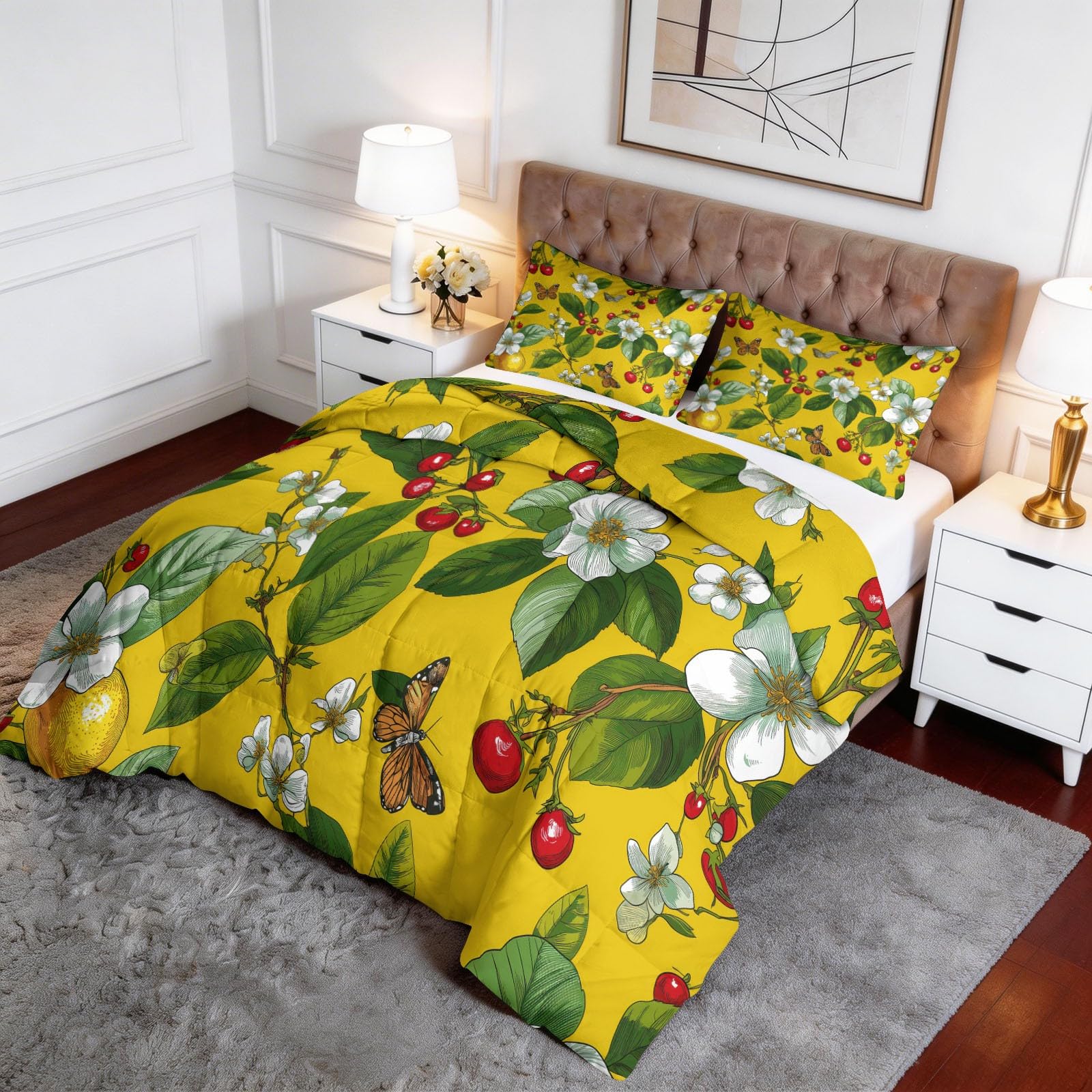 Marienkäfer Schmetterling Beeren Bettdecke 155 x 220 cm 4 Jahreszeiten Steppdecke, Tropischer Stil Waschbare Ganzjahresdecke Kinder Bettwaren Set Babyzimmer Kinderzimmer Bettdecke Ohne Bezug