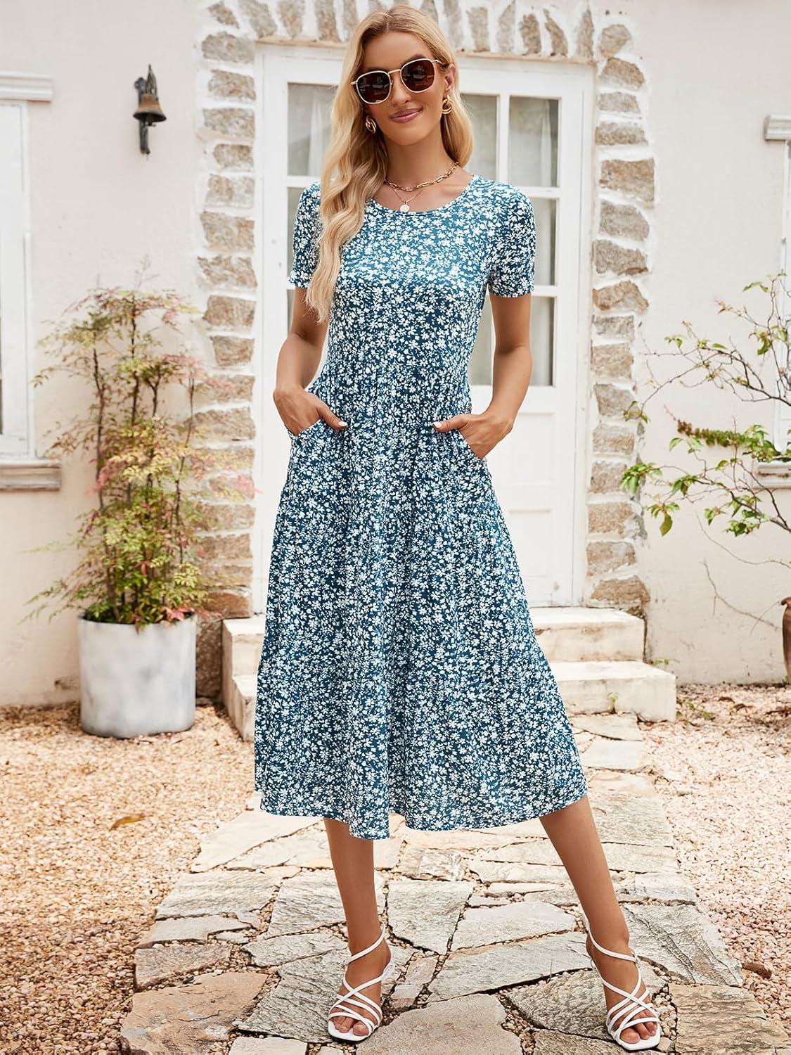 Sureple Spring Round Neck T Shirt Dress for Women Short Sleeve Midi Length,Swing Tiered Bobydoll Dresses with Pockets - Image 5