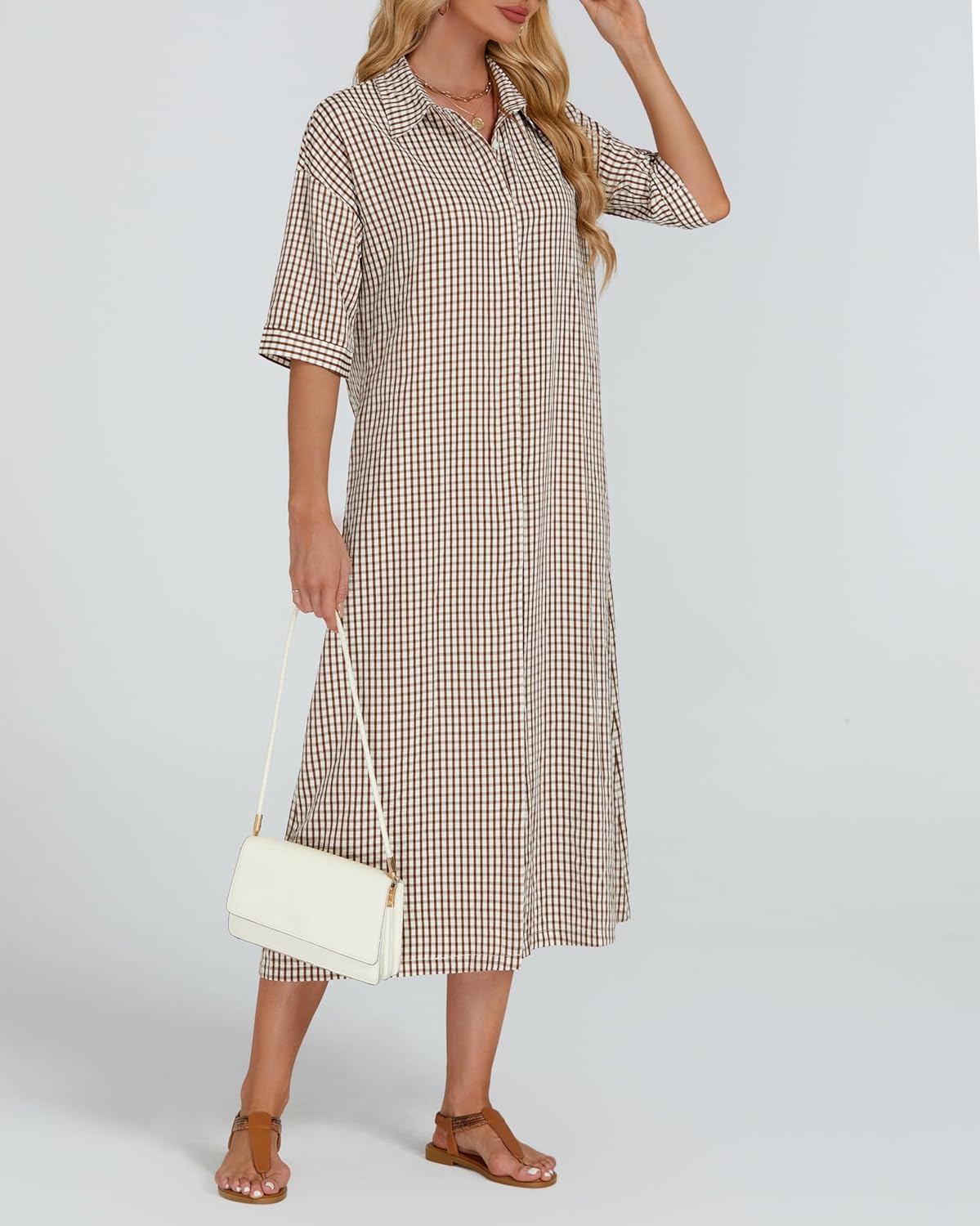 Women's Half Sleeve Plaid Maxi Dress 2026 Spring Summer Gingham Casual Button Down Long Loose Belted Dress - Image 3