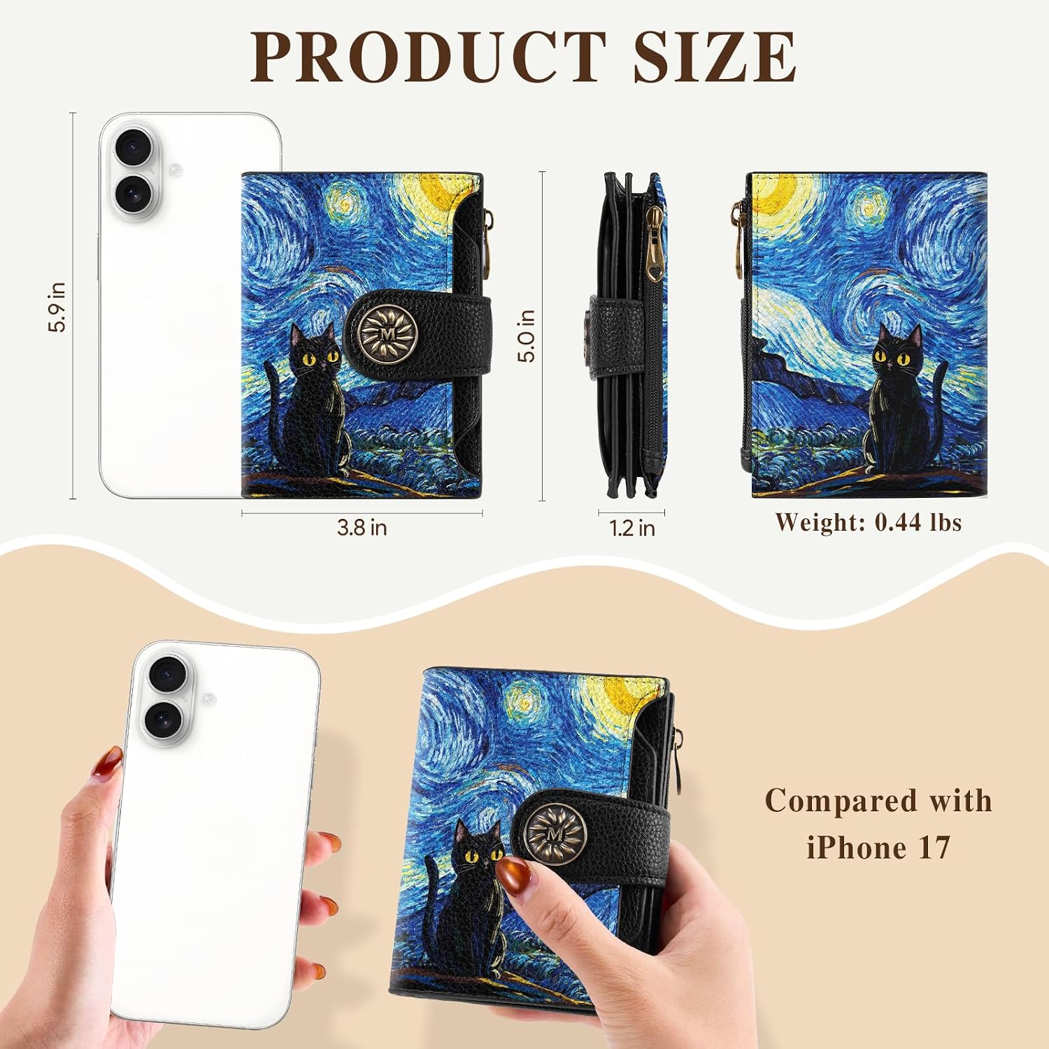 Mayski Starry Night Cat Small RFID Wallet Women, PU Leather Bifold Zipper Coin Pocket Compact Cash Credit Card Holder Purse, Cute Travel Wallet for Female Ladies Teen Girls, 4 ID Window 14 Card Slots image 5