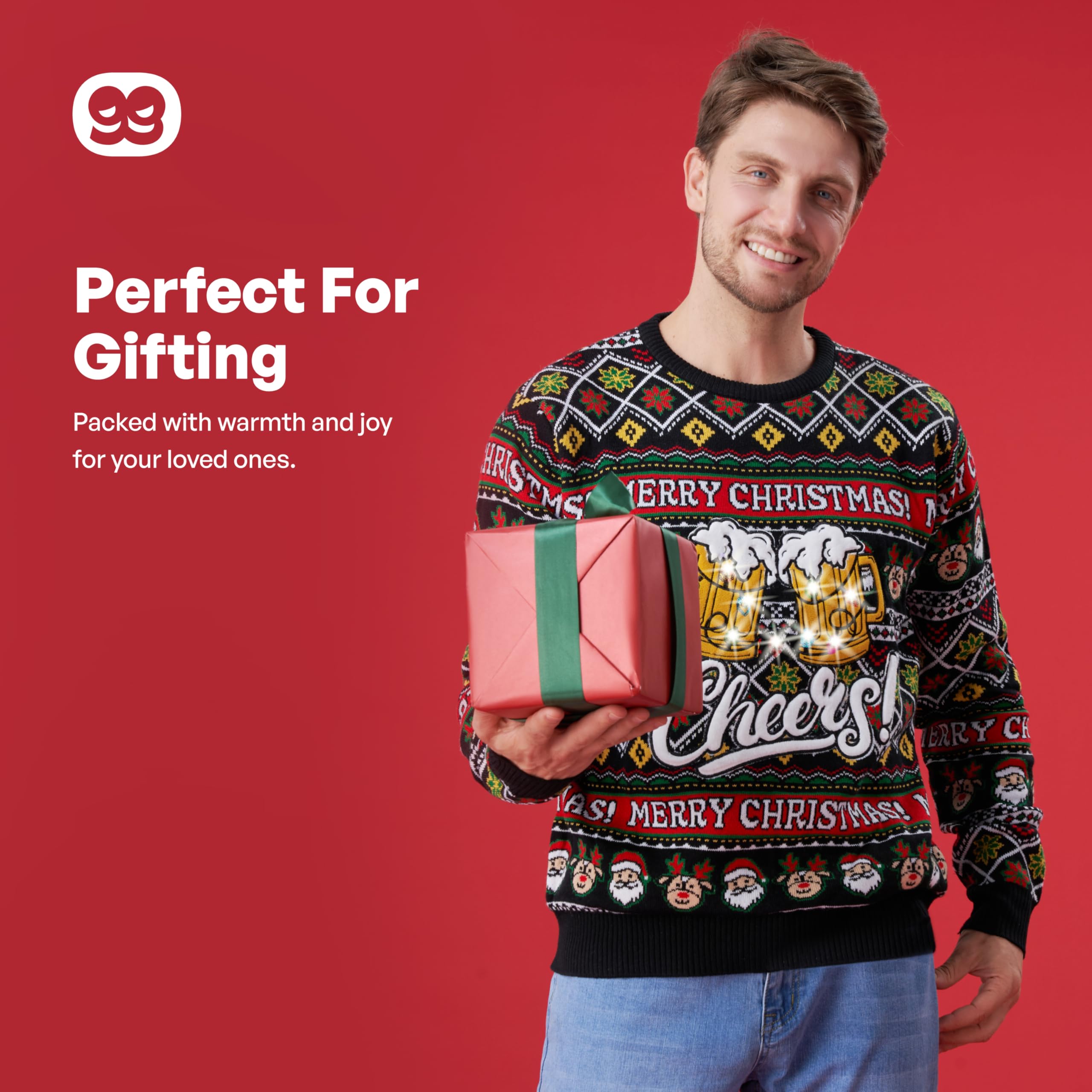Giggling Getup Maglione natalizio brutto luminoso per uomo, divertente, brutto maglione natalizio con luci a LED, maglione natalizio in nero